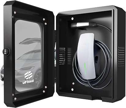 Outdoor EV Charger Enclosure Wall Box with Lock for Tesla Charger and Home EV Car Charger with Holder | Weatherproof Visible, Easy to Install, Black