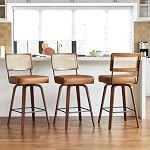 Swivel Counter Height Bar Stools Set of 3,Mid Century Modern Barstools with Rattan Back,27 inch Seat Height Solid Wood Kitchen Island Stools,Brown Faux Leather Upholstery Bar Chairs