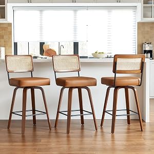 Swivel Counter Height Bar Stools Set of 3,Mid Century Modern Barstools with Rattan Back,27 inch Seat Height Solid Wood Kitchen Island Stools,Brown Faux Leather Upholstery Bar Chairs