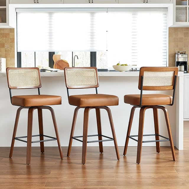 Swivel Counter Height Bar Stools Set of 3,Mid Century Modern Barstools with Rattan Back,27 inch Seat Height Solid Wood Kitchen Island Stools,Brown Faux Leather Upholstery Bar Chairs