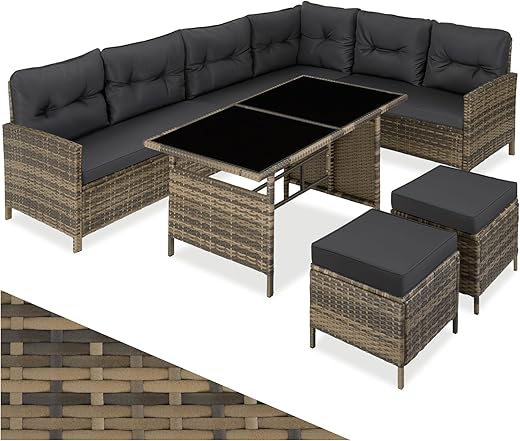 tectake Polyrattan Lounge Set, Gartenmöbel Set mit Sofa, Hocker + Tisch, Balkon Möbel Outdoor, 5-teilige Sitzgruppe, inkl. Sitz- & Rückenkissen, ideal für Garten, Terrasse,...