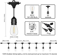 Vista 2 de Cadena de luces LED para exteriores de 100 pies de grado comercial resistente con 30 enchufes, 32 bombillas de plástico inastillables, incluye 2
