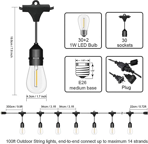 Miniatura 2 de Cadena de luces LED para exteriores de 100 pies de grado comercial resistente con 30 enchufes, 32 bombillas de plástico inastillables, incluye 2