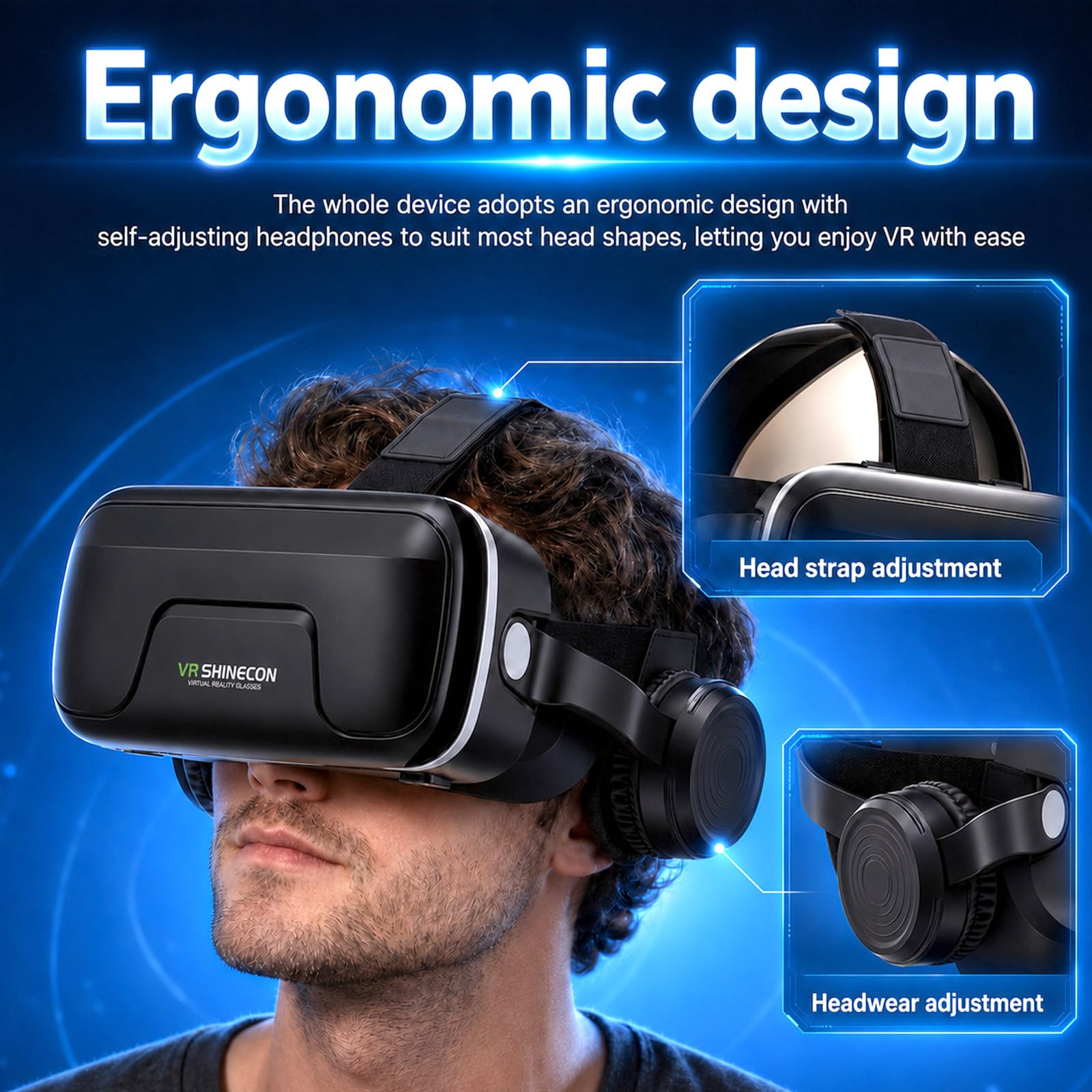 Casque VR 3D avec Écouteurs Verres HD Anti-Lumière Bleue Compatible Smartphones iPhone Android 4,7-7,2"