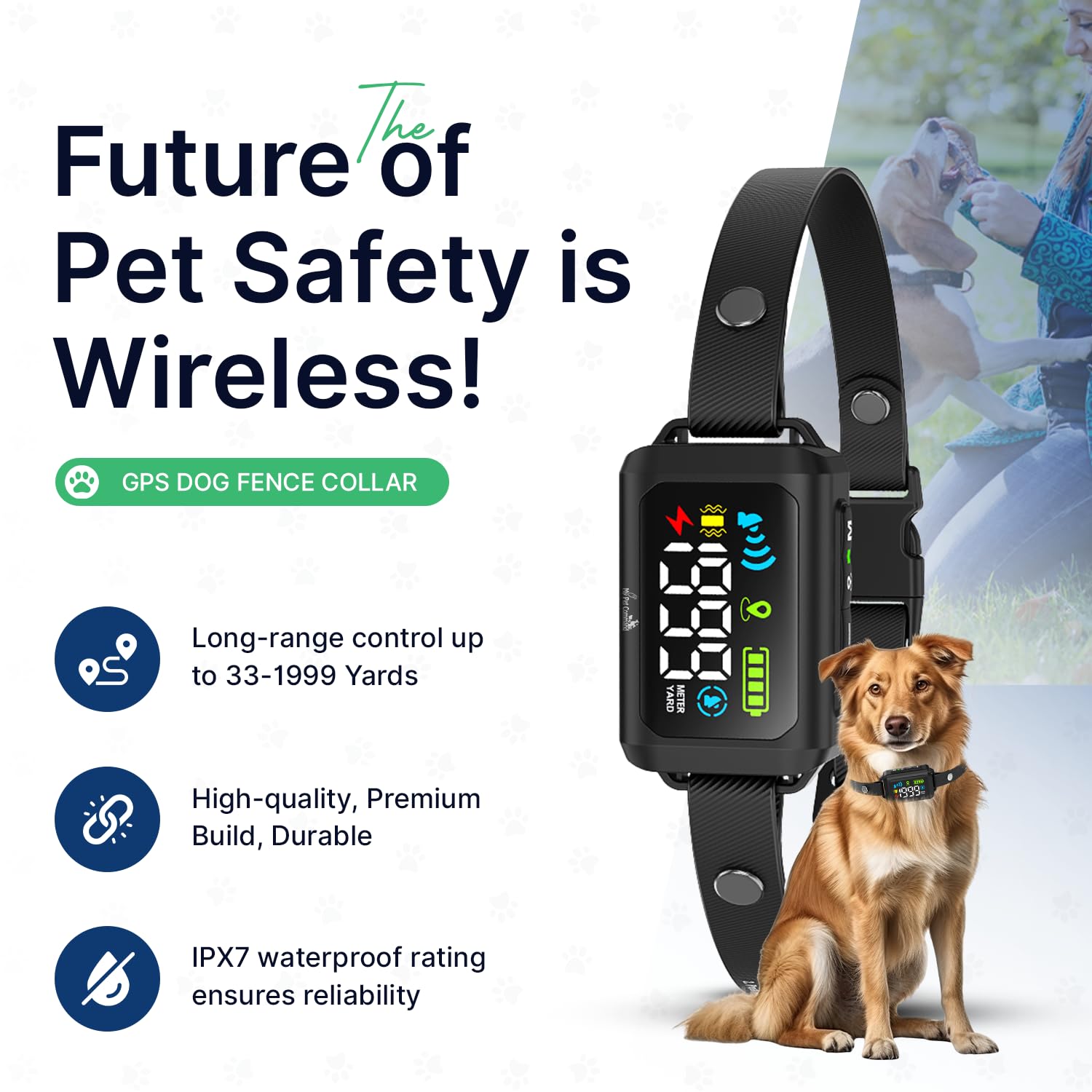 My Pet Command Wireless GPS Dog Fence No Wires & No Base Transmitter Outdoor Radius Coverage 33-1999 Yards IPX7 Waterproof Collar w/Tone, Vibrate & Safe Static Modes Fits Dogs 8″-28″ Neck (S to XL) - image 2