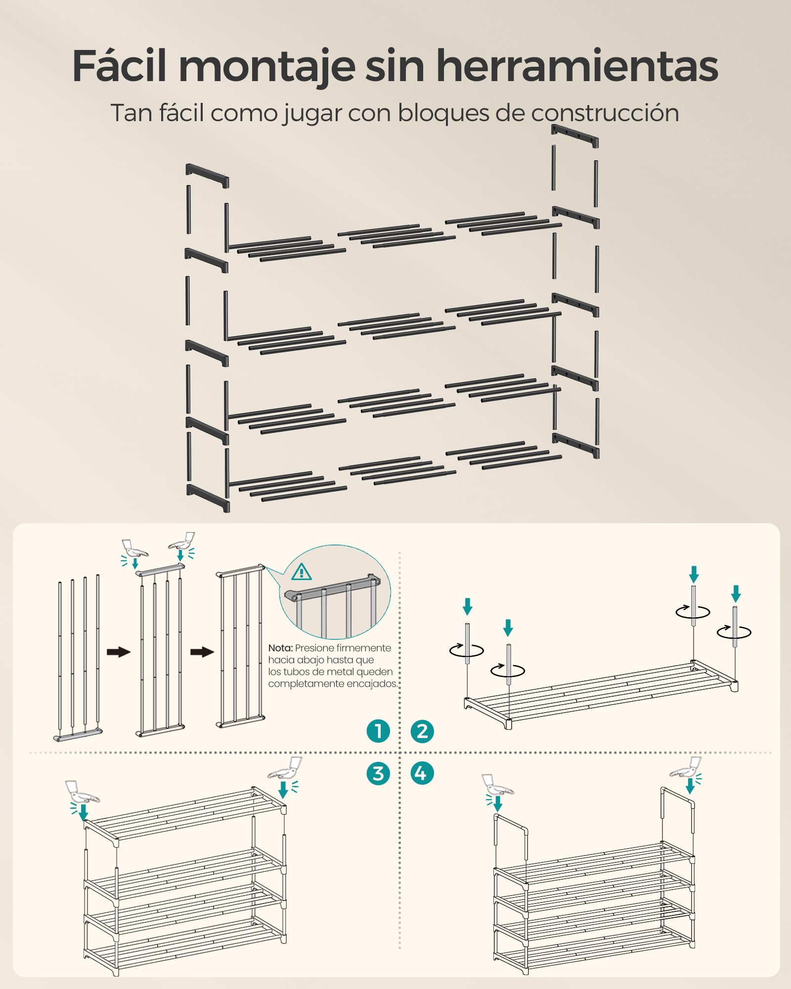 SONGMICS Zapatero de 4 Niveles, Zapatero de Metal, Organizador de Zapatos, para 20-24 Pares de Zapatos, Apilable, Pasillo, 30 x 117 x 75 cm, Negro LSA034B01