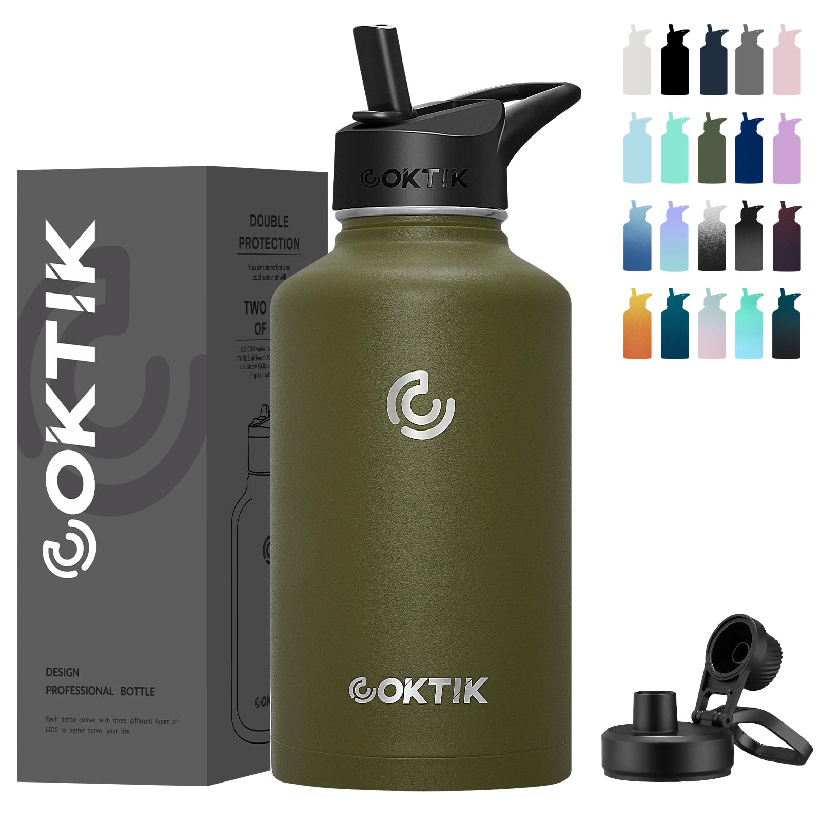 64 oz/Half Gallon Vacuum Insulated Jug, Double Walled Stainless Steel Sports Water Bottle with Reusable 2 Lids for Camping, Gym, Fitness or Office(
