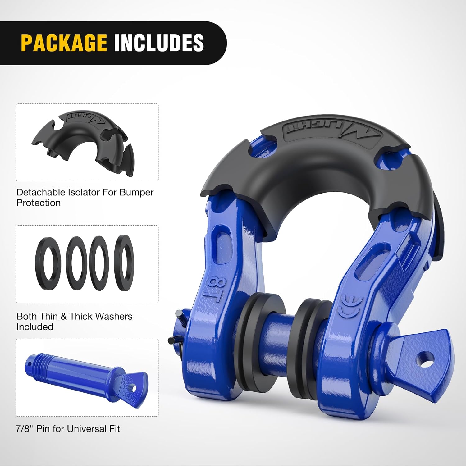 Nilight Heavy Duty Mega D-Ring Shackles(2 Pack) 68,000 lb Break Strength(17,000 lb WLL) w/ 7/8″ Screw Pin & Washers, Forged Steel Off-Road Recovery Shackles for Tow Strap & Winch Gear, Blue - Image 3
