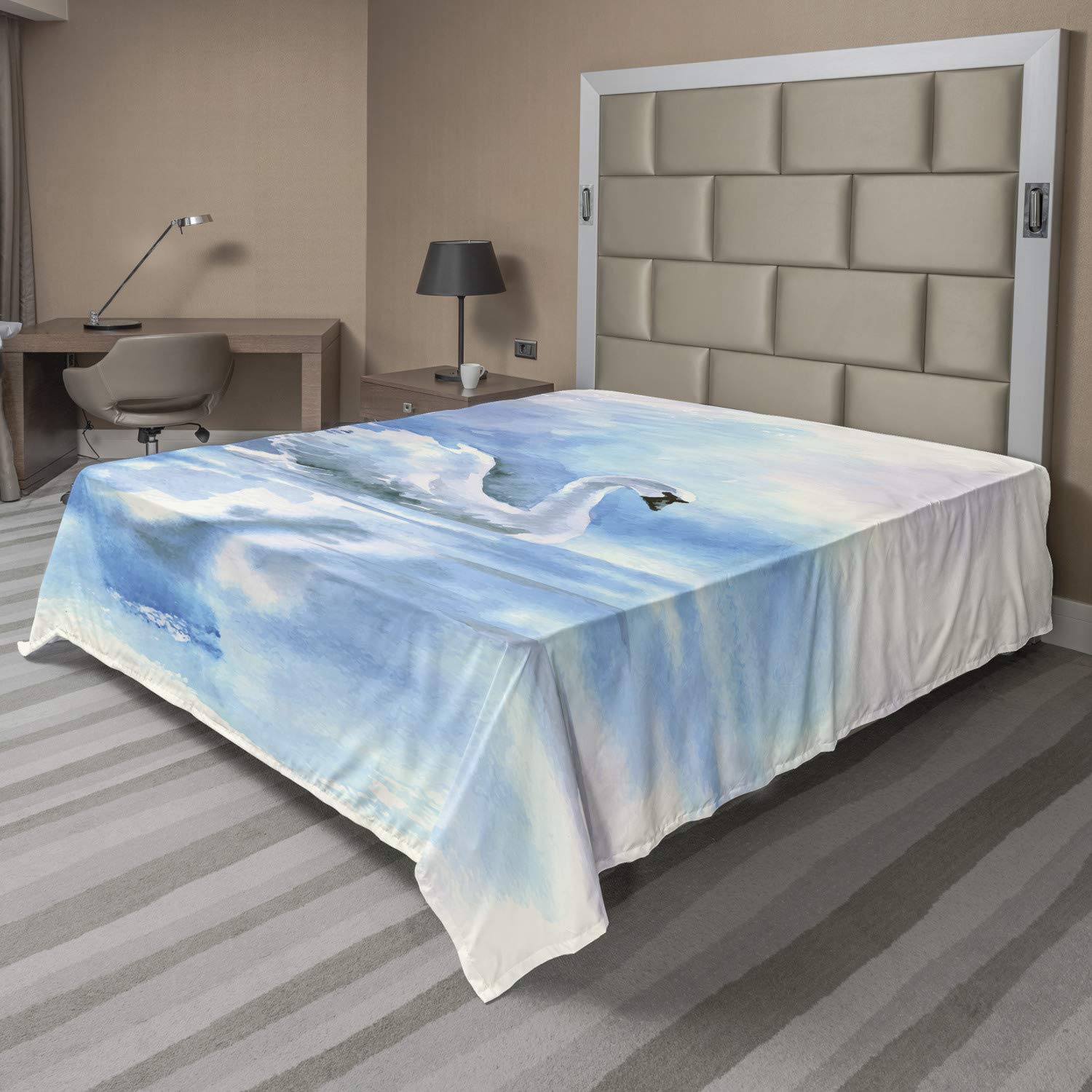 Ambesonne Swan Flat Sheet, Watercolor Drawing Picture of Swan in The River Color Aqua Concept Picture Print, Soft and Comfortable Top Sheet Decorative Bedding 1 Piece, Full Size, Blue White