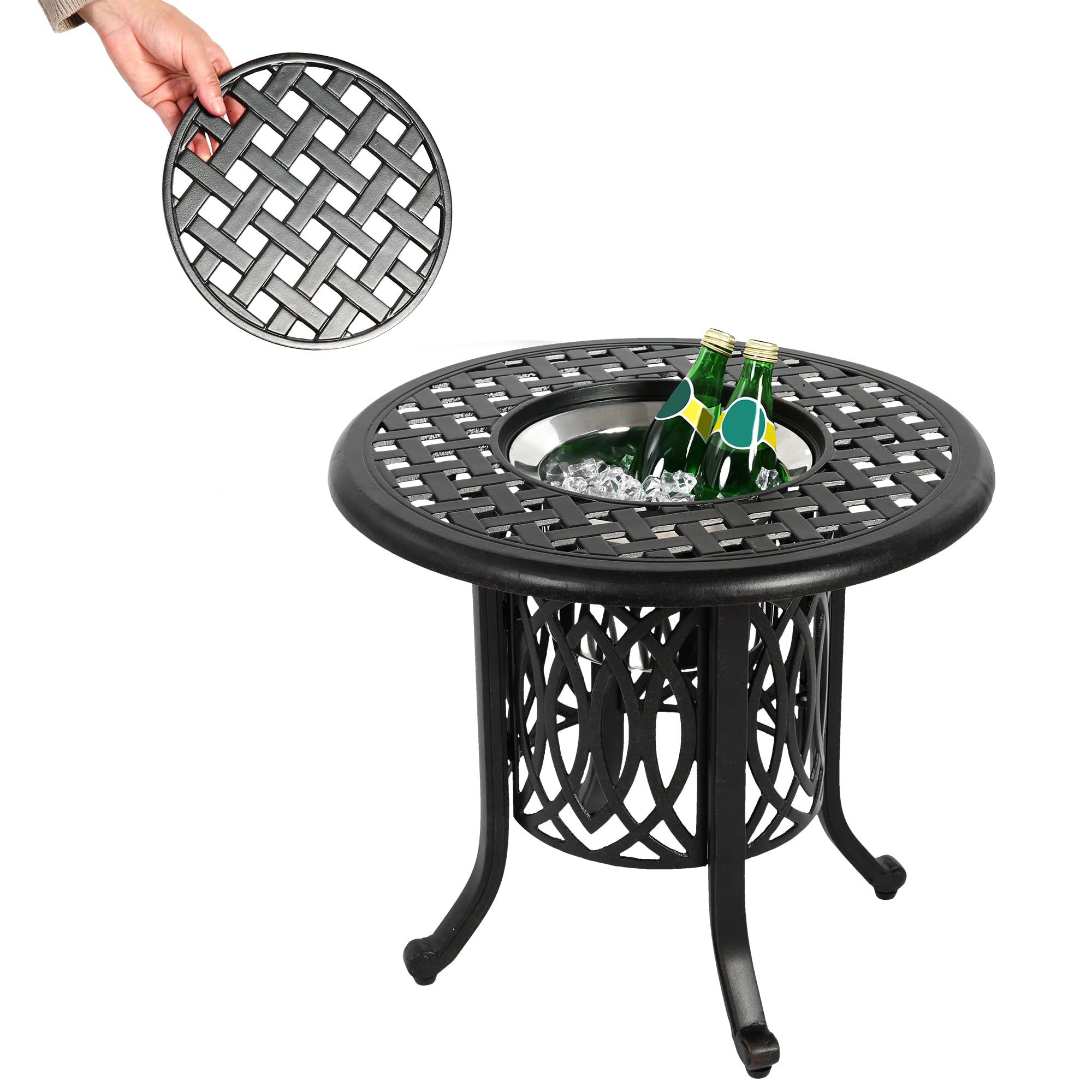 HOMEFUN Outdoor Side Table with Ice Bucket, Cast Aluminum Small Patio Table, Weather-Resistant, Rust-Proof, Ideal for Outside Entertaining