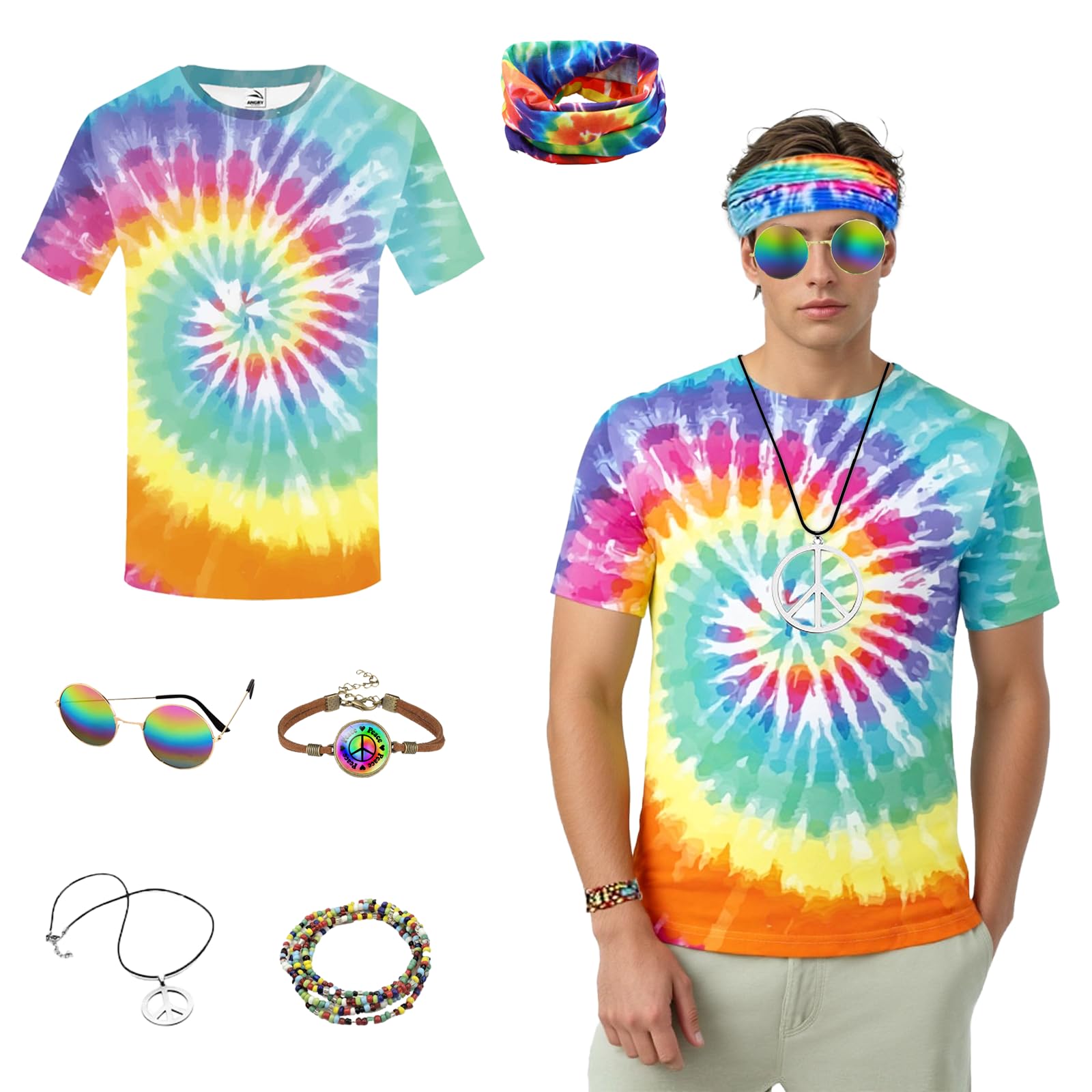 WanderGo 6 Pcs Hippie Costume for Men 80s Fancy Dress Men With Colourful T-Shirt, Peace Necklace, Hippie Sunglasses, Headband