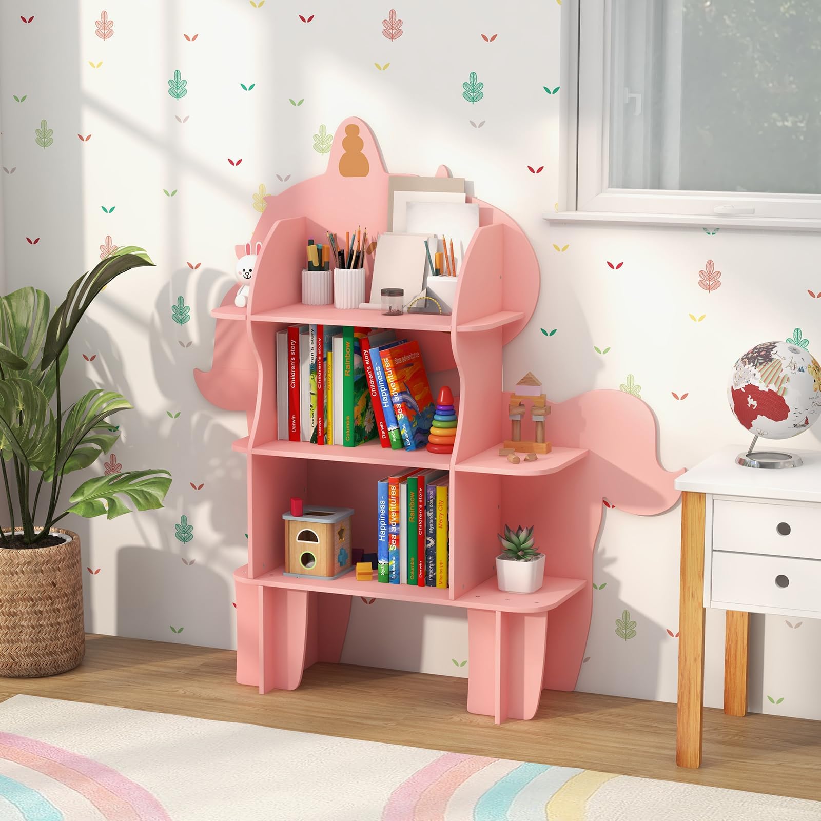 COSTWAY Kinderregal 3 Ebenen in Einhornform, Spielzeugregal Holz mit offenen Regalen, Bücherregal Kinder, Kinderzimmer Regal für Kinderzimmer, Spielzimmer, Kindergarten
