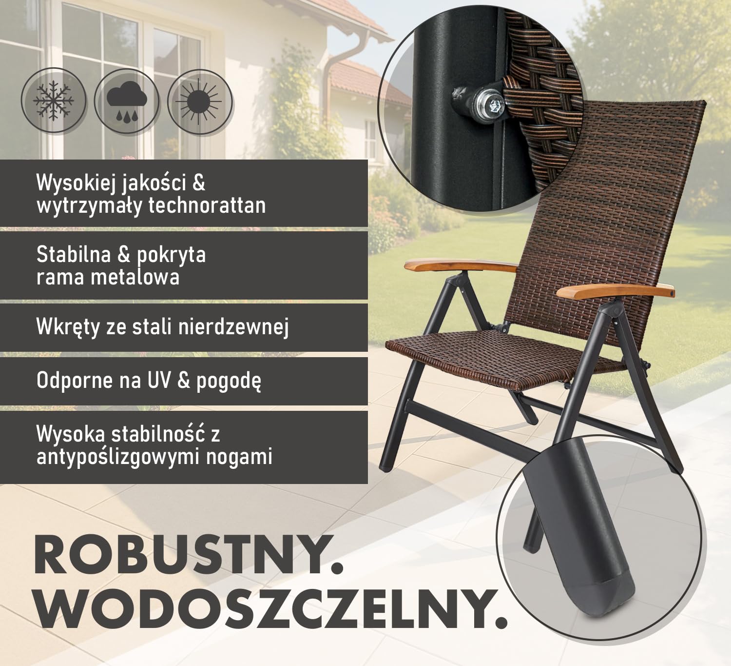 BRUBAKER Modena Krzesło Ogrodowe z Wysokim Oparciem - Metalu i Technorattanu - Składane - 7 Pozycjach Oparcia – Odporne na Warunki Atmosferyczne – Brązowo-Szare