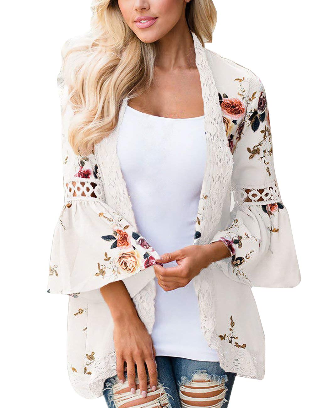 Landove Kimono Flores Mujer Boho Chaqueta Manga Acampanada con Volante