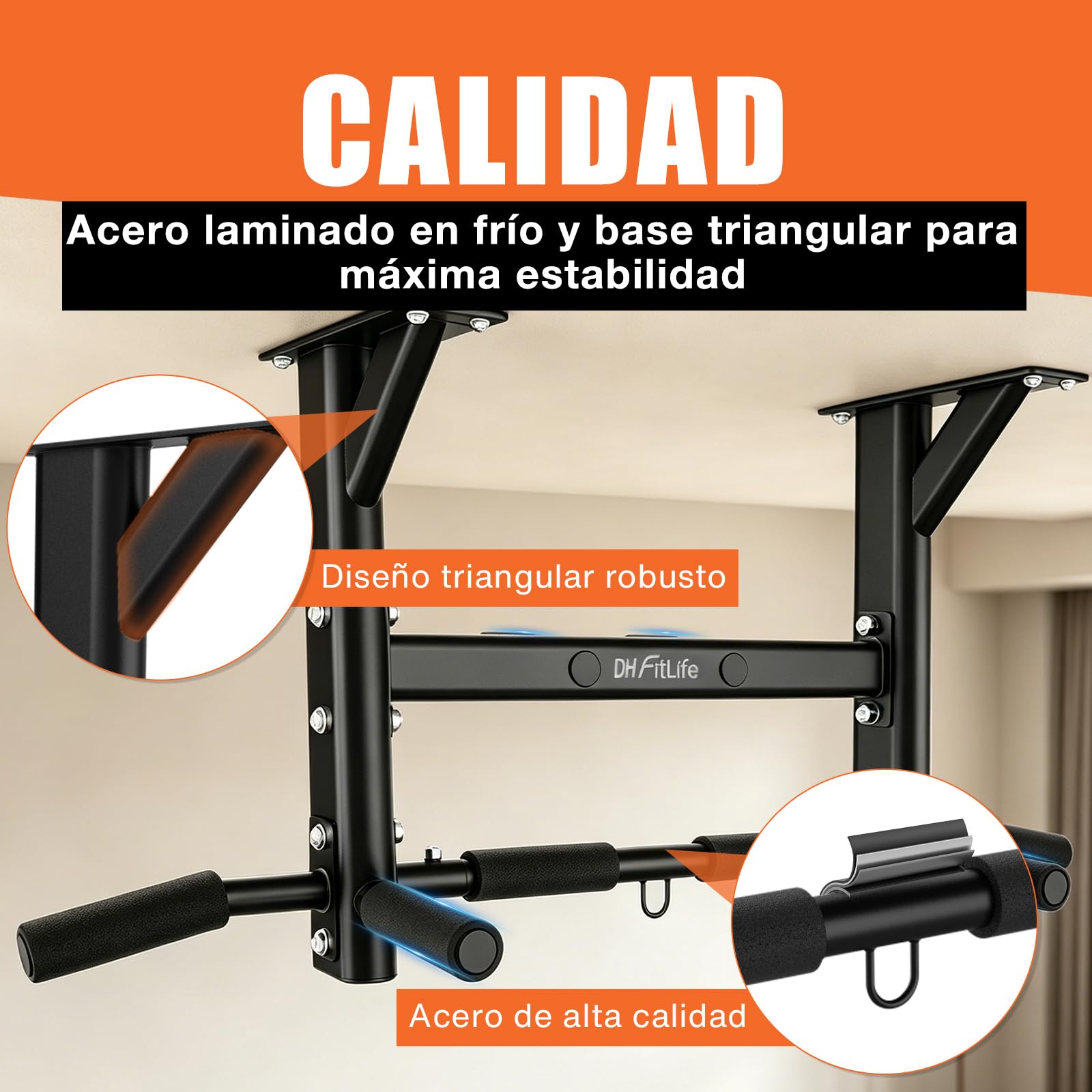 DH FitLife Barra Dominadas Techo 200 kg – Barra Multifuncional 4 en 1 para Calistenia y Gimnasio en Casa, 3 Ojales para Saco de Boxeo y Cintas de Suspensión