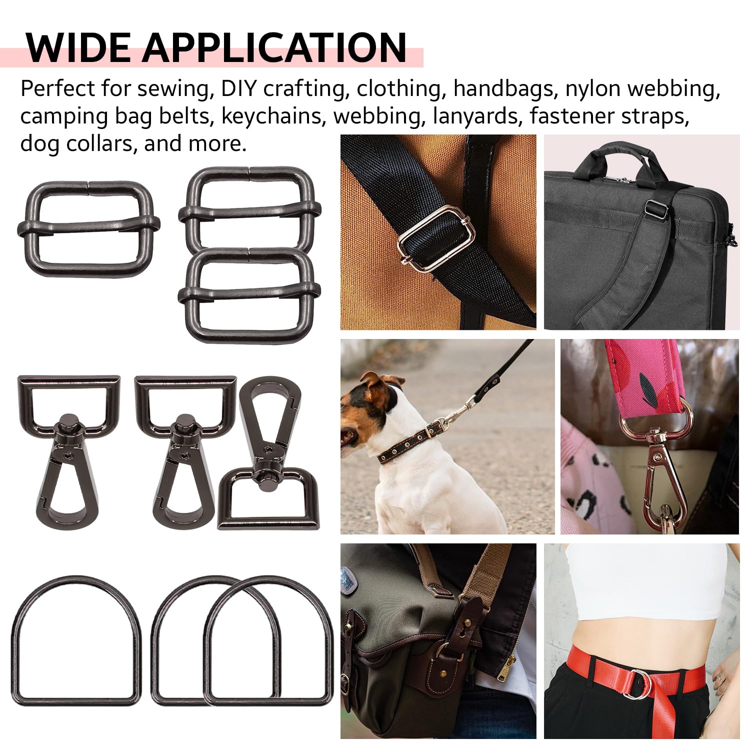 Kit de 120 piezas de accesorios para llavero: ganchos giratorios de 25 mm, anillos en D y hebillas deslizantes de triple deslizamiento para reparación de bolsos, manualidades de cordón, costura de