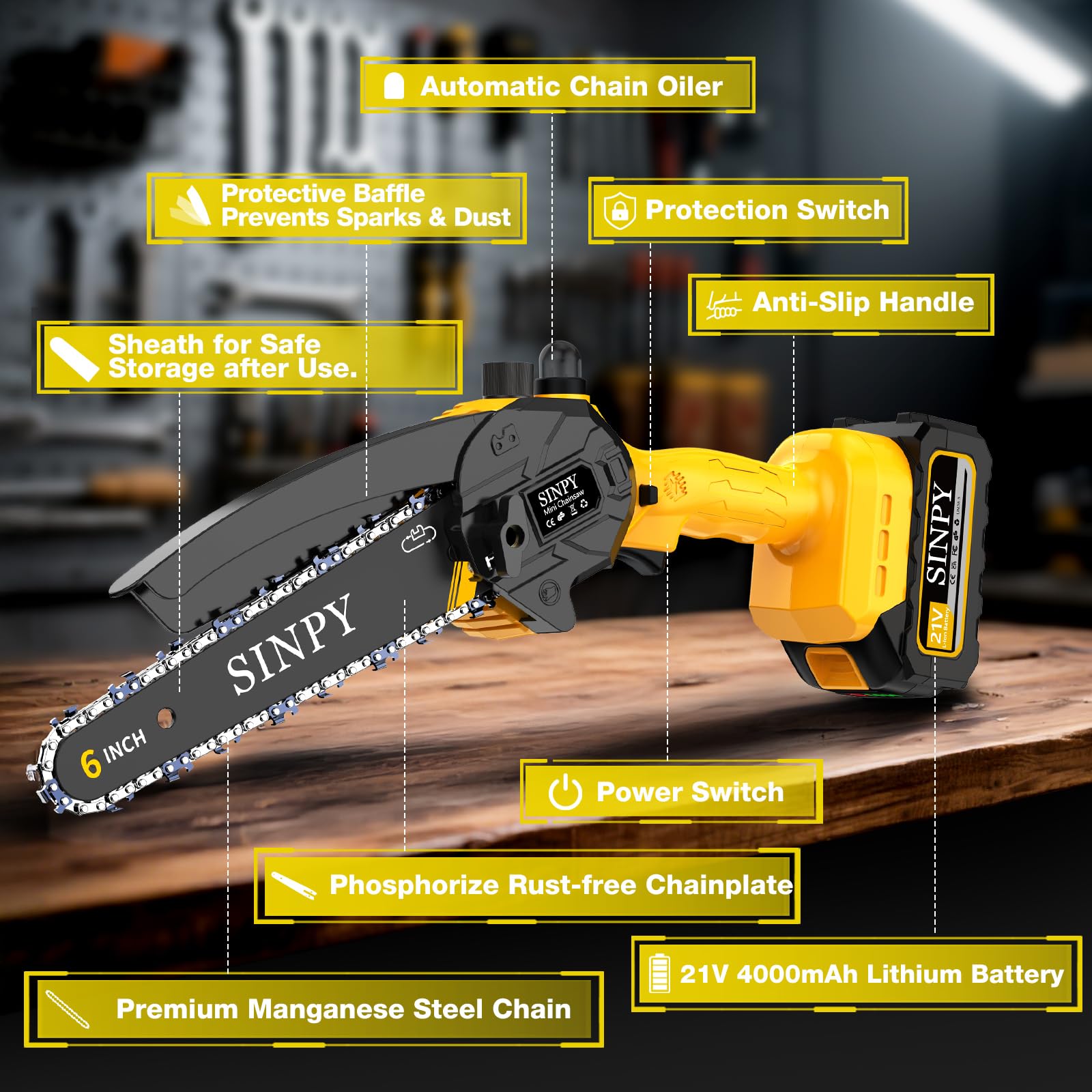 2x4000 mAh Mini Motosierra Bateria, 6 Pulgadas Motosierra Eléctrica Pequeña Sierra Electrica Podar Arboles Inalámbrica con Cadena de Acero al Manganeso de Mano y Engrasador Automático