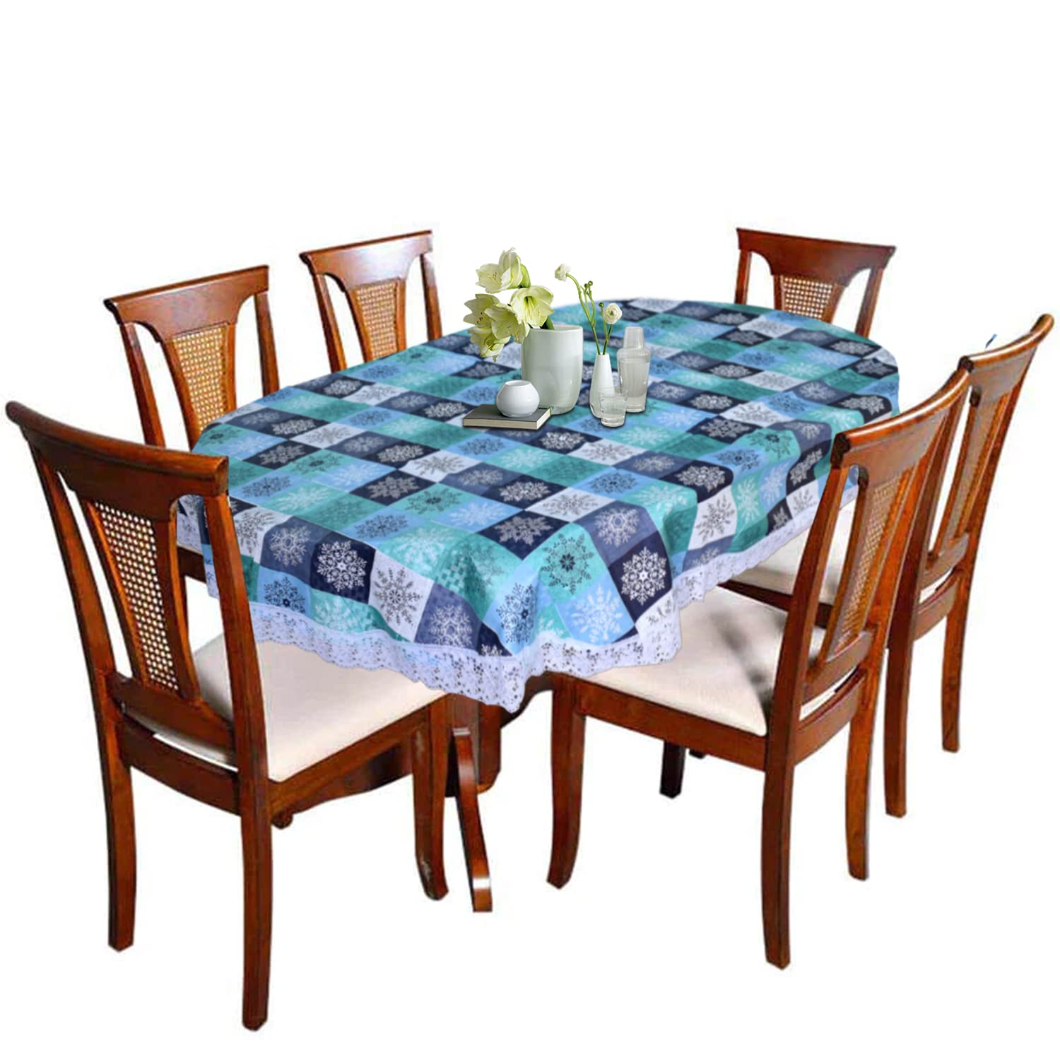 Kuber Industries Multi Check Printed Oval Shape PVC Spillproof, Waterproof, Antislip, Wipe Clean 6 Seater Table Cover with White Lace Border, 60"x90" (Multicolor)