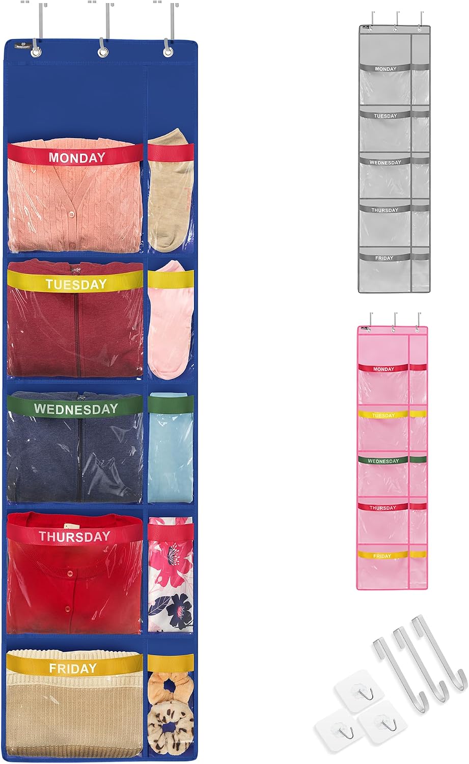 Handy Laundry Weekly Clothes Organizer for Kids – 5-Shelf Hanging Closet Storage with Day of the Week Labels, Over the Door or Wall Mount, Large Capacity, Encourages Routine, Blue
