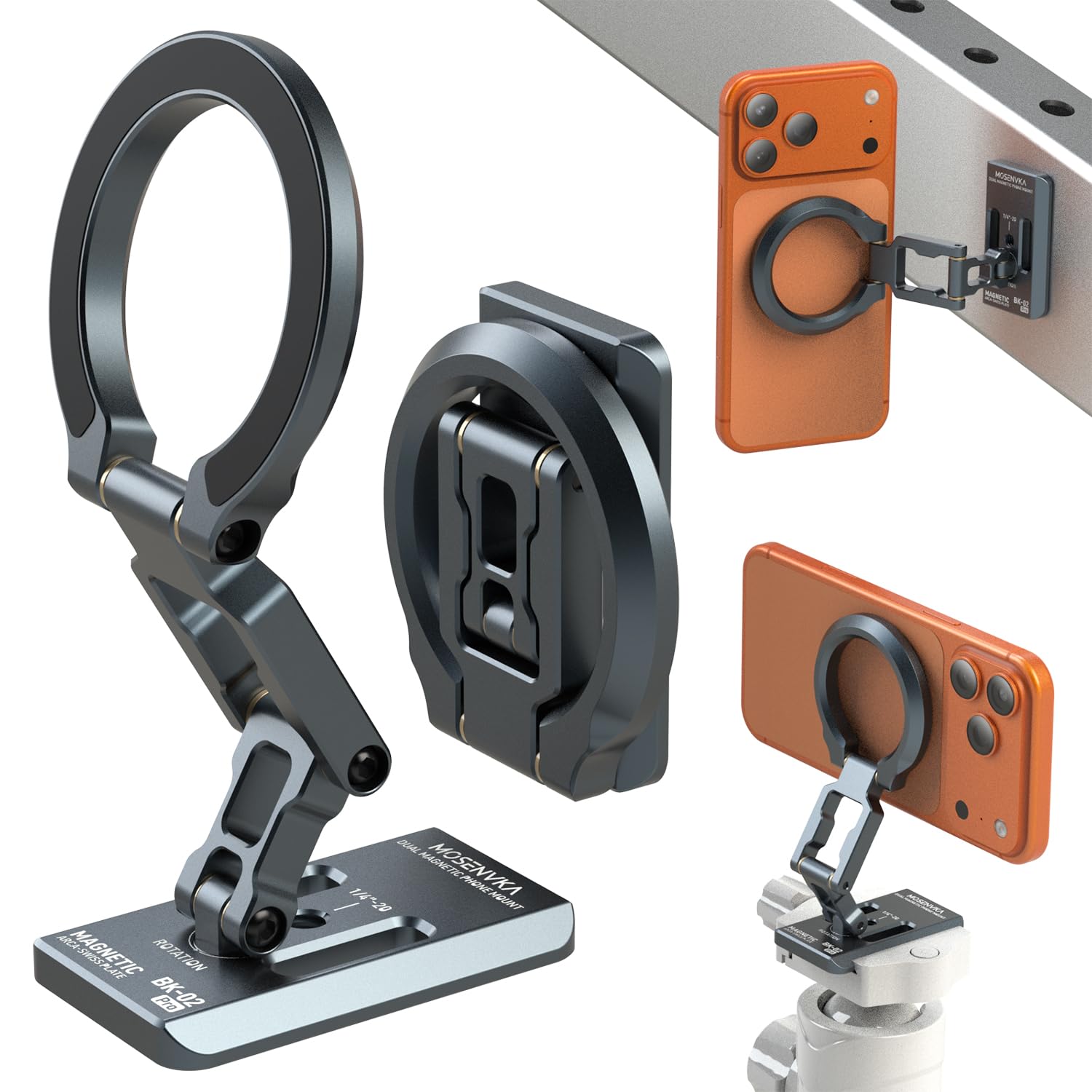 Dual Magnetic Phone Holder Gym Magnetic Stand,Tripod Phone Mount (1/4'' Hole& ARCA-Swiss),Portable Phone Grip for iPhone 12/13/14/15/16/17-Desk/Car/Gym/Golf Cart/Airplane Use Stand (Grey)