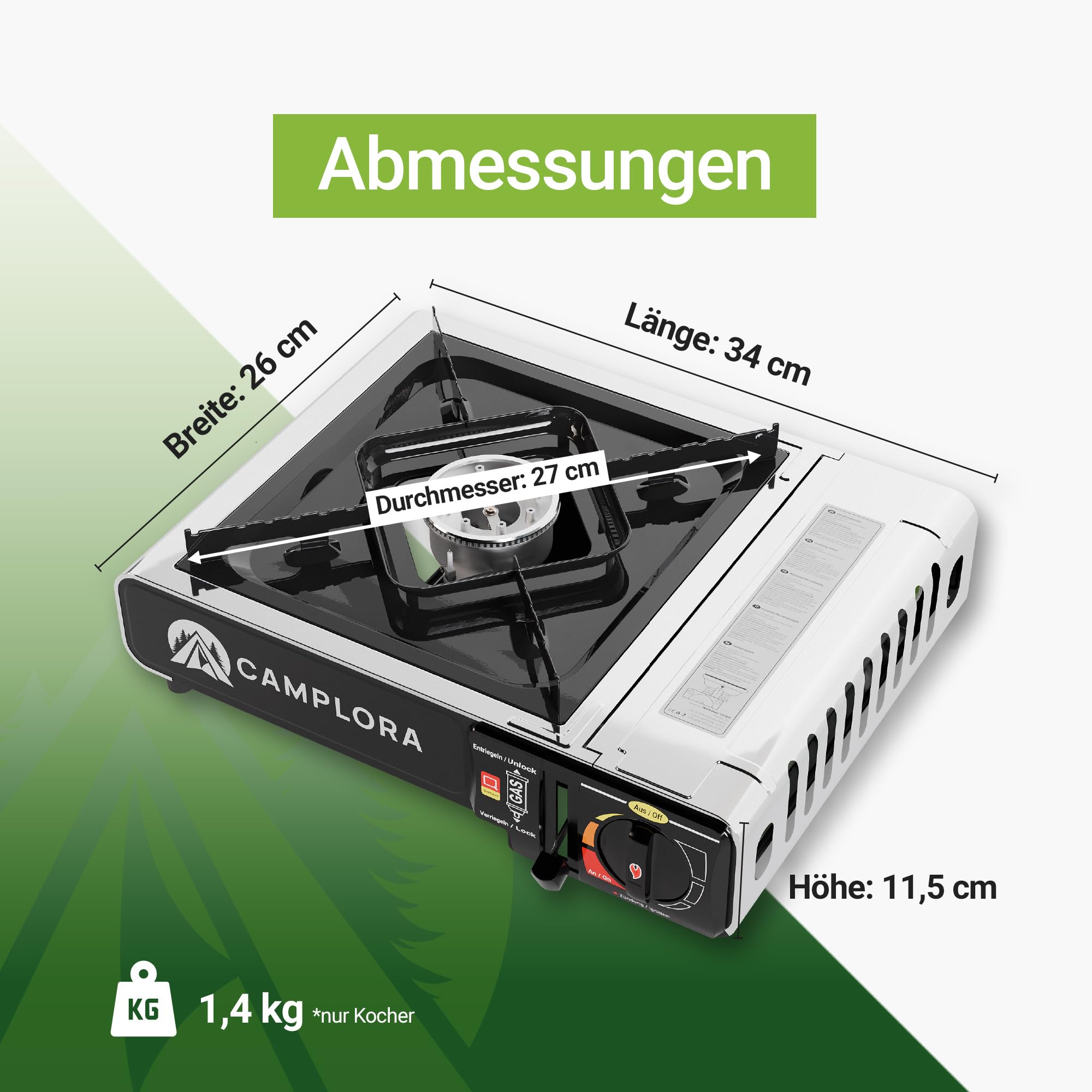 CAMPLORA Gaskocher für MFS-1a Kartuschen inkl. Tragekoffer mit Piezozündung - Campingkocher 2,2 kW - inkl. Sicherheitsabschaltung