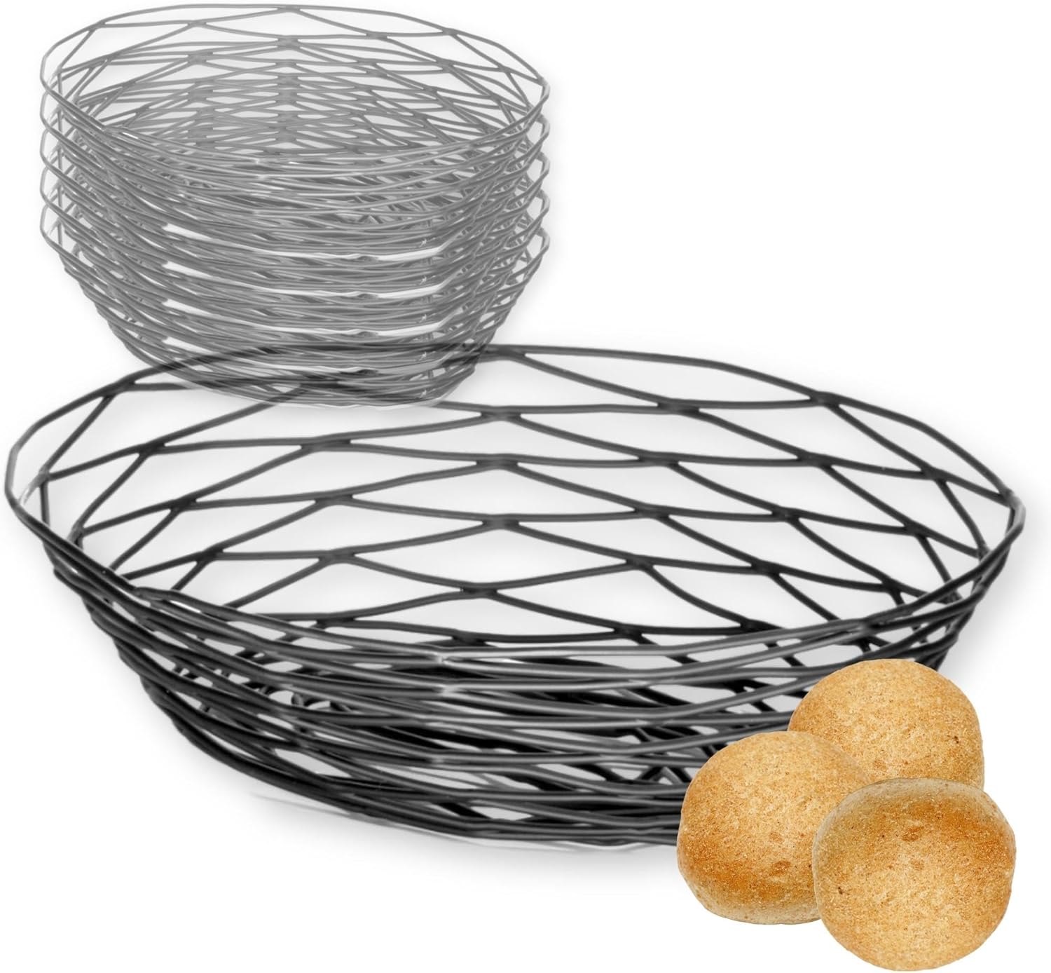 Tablecraft Artisan Oval Baskets Black 9inch - Pack of 6 | Serving Baskets, Wire Baskets, Bread Baskets, Chip Baskets, Food Baskets