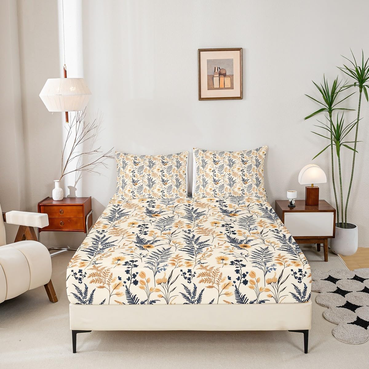 Homewish Juego de ropa de cama floral bohemio tamaño King, sábana bajera ajustable con diseño bohemio para niños, adolescentes y niñas, funda de cama rústica de 3 piezas