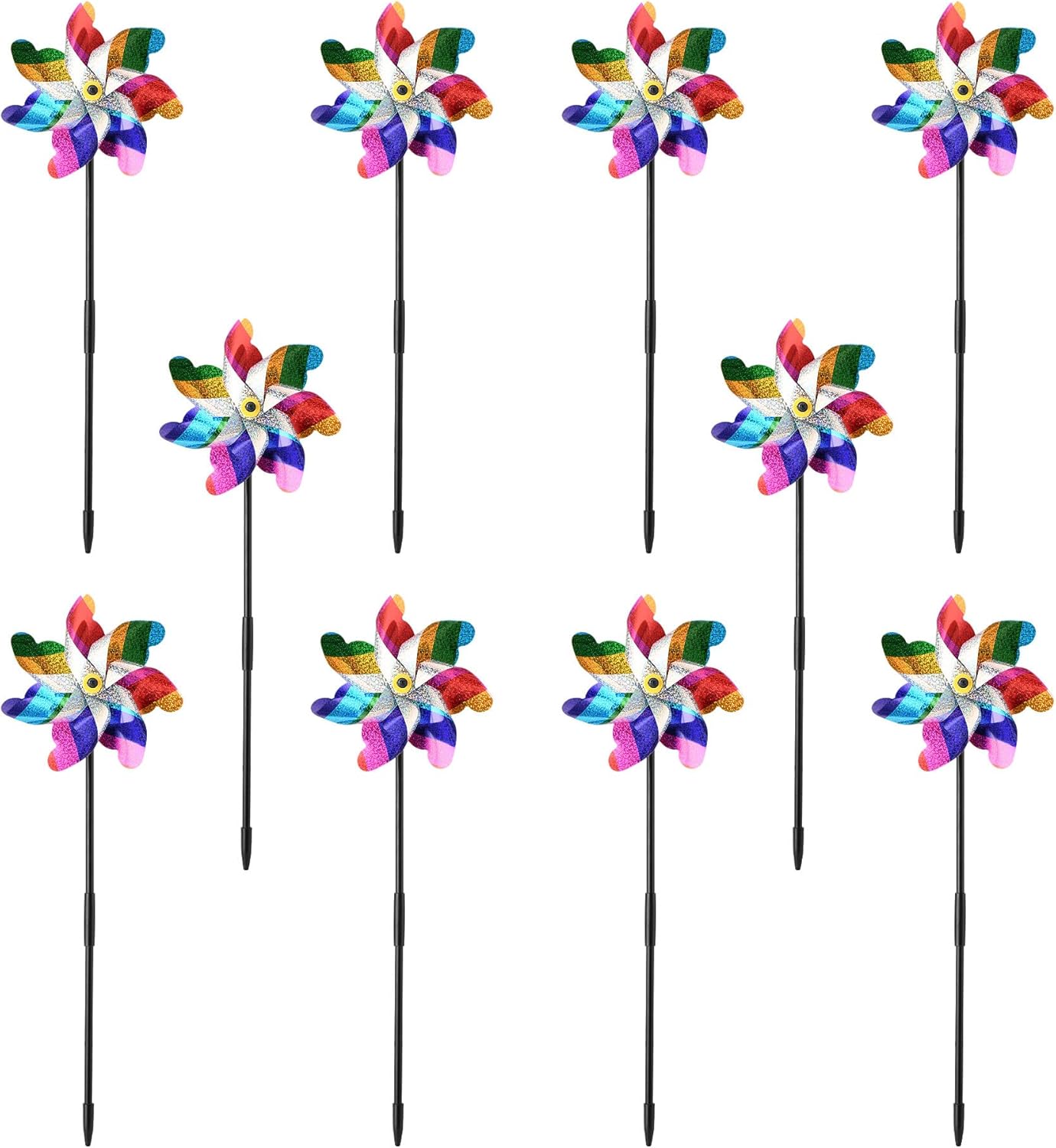 FameFame 10 Pack 19.7" Reflective Pinwheels with Stakes - Pre-Assembled Colorful Wind Spinners to Scare Birds from Garden, Yard & Lawn