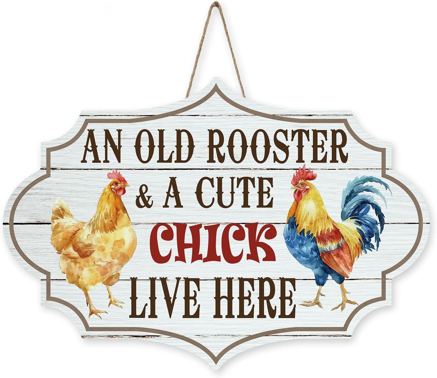 Funny an Old Rooster A Cute Chick Live Here Front Door Sign, Farm Chicken Coop House Wood Plaque Hanger Outdoor Yard Home Kitchen Decor, Rustic Farmhouse Wooden Wreath Wall Hanging Decoration