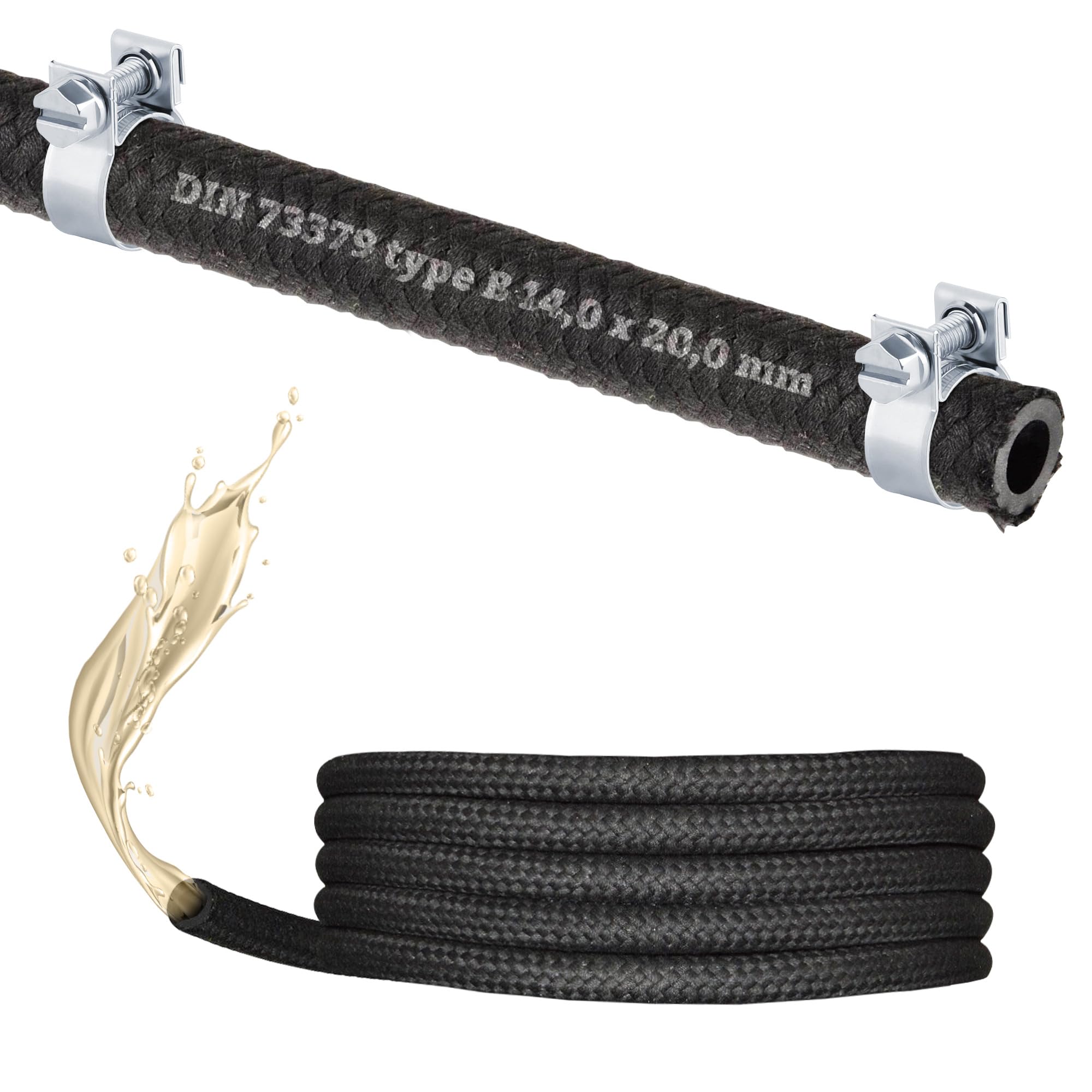 (14 mm)1 metro tubo per benzina, gasolio, tubo del carburante per benzina, olio diesel (NBR DIN-73379-B) (2 X W1 Mini fascetta W1) (interno 14,0 mm/esterno 20,0 mm (morsetto grande 20 x 22 mm)