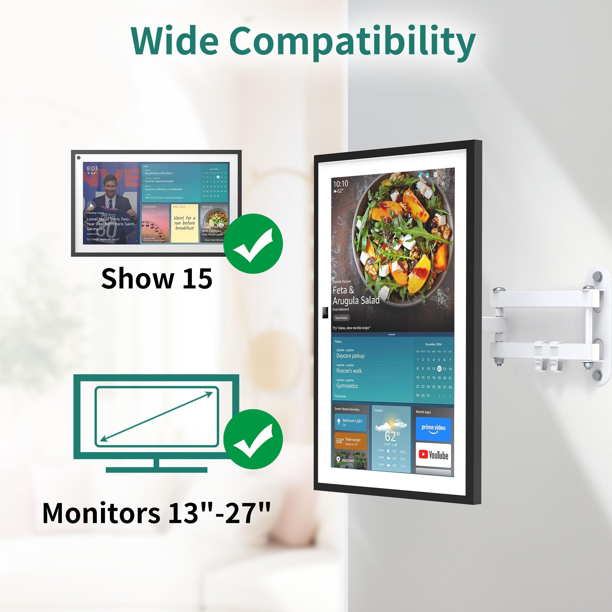 PlusAcc Soporte de Pared Universal para Show 15, VESA 100x100 Soporte para Monitor con rotación de 360° e inclinación Pantallas Inteligentes de hasta 27 Pulgadas
