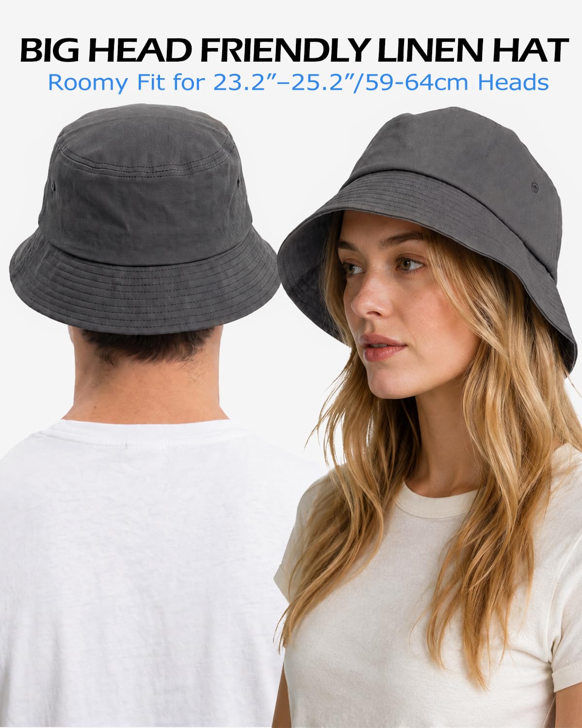 Zylioo XXL lniany kapelusz typu bucket dla mężczyzn i kobiet, duża głowa letnia podróżna czapka przeciwsłoneczna, oddychająca regulowana czapka plażowa na zewnątrz