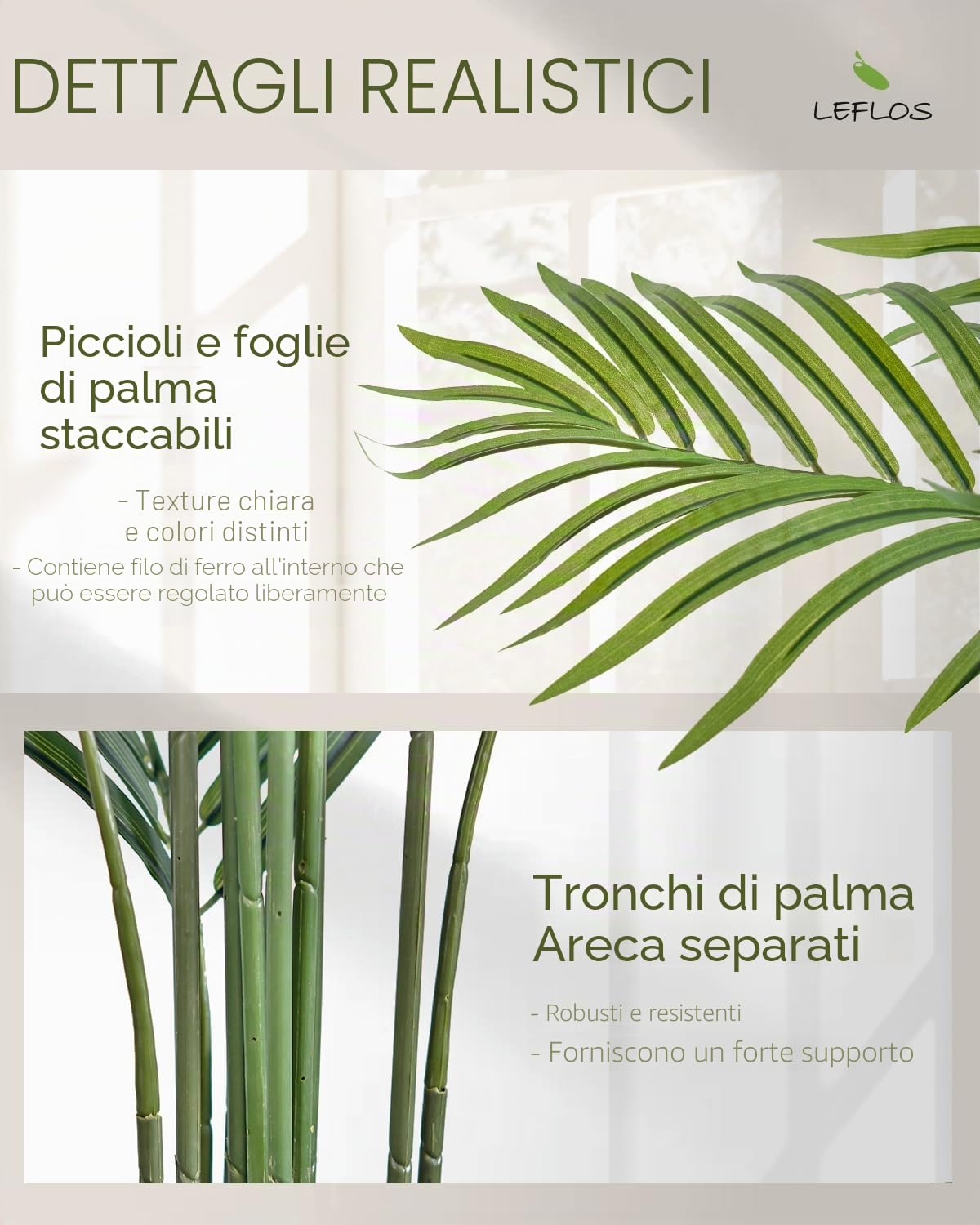 165 cm artificiale Palma di Dypsis Lutescens, solo pianta per interni, 15 tronchi staccabili, decorazioni per ufficio, negozio, appartamento e feste, 1 pezzo