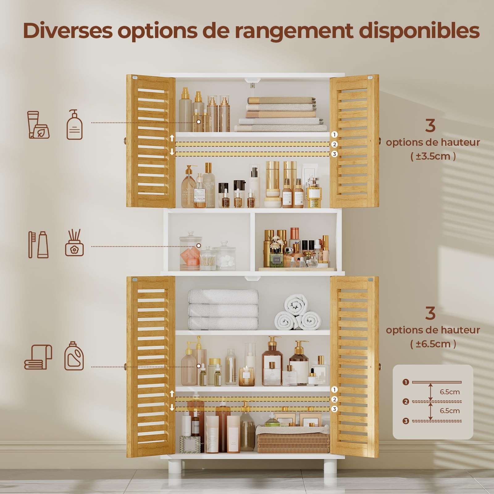 Mobile Alto da Bagno con Ripiani Regolabili, Mobiletto Bagno con 4 Ante in Bambù, Mobiletto Cucina Salvaspazio con 2 Scomparti Aperti, Mobiletto Multiuso per la Cucina, 60x30x128 cm