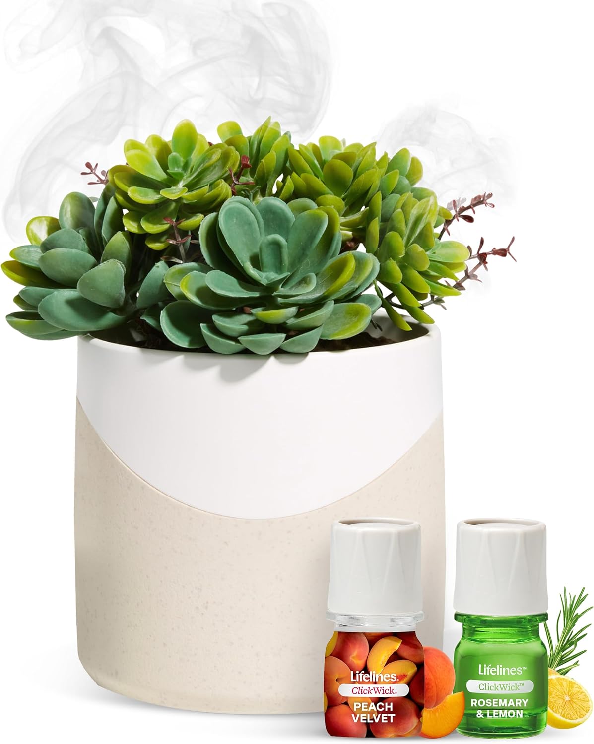 Lifelines Plant Diffuser Bundle with 2 Clickwick Essential Oil Blends – Rechargeable Aromatherapy Diffuser, Artificial Faux Plants Home & Office – Modern Planter, Succulent
