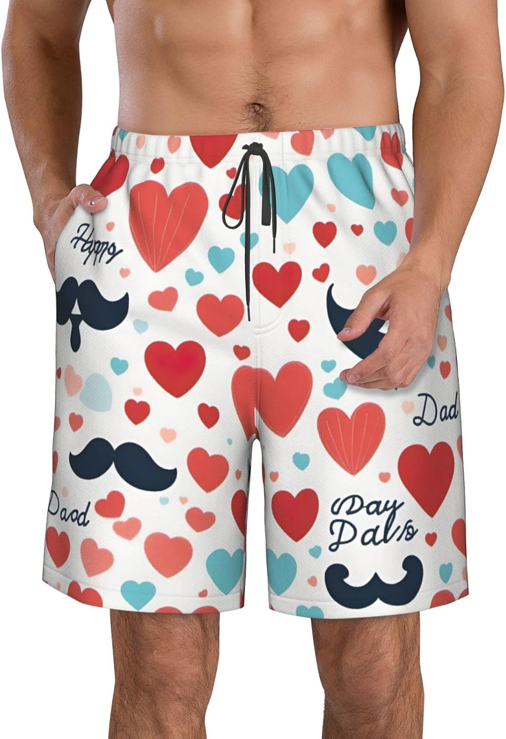 Fathers Day Love Dad Print Men's Quick-Drying Shorts Casual Beach Pants Stretch Waist Shorts and Pockets
