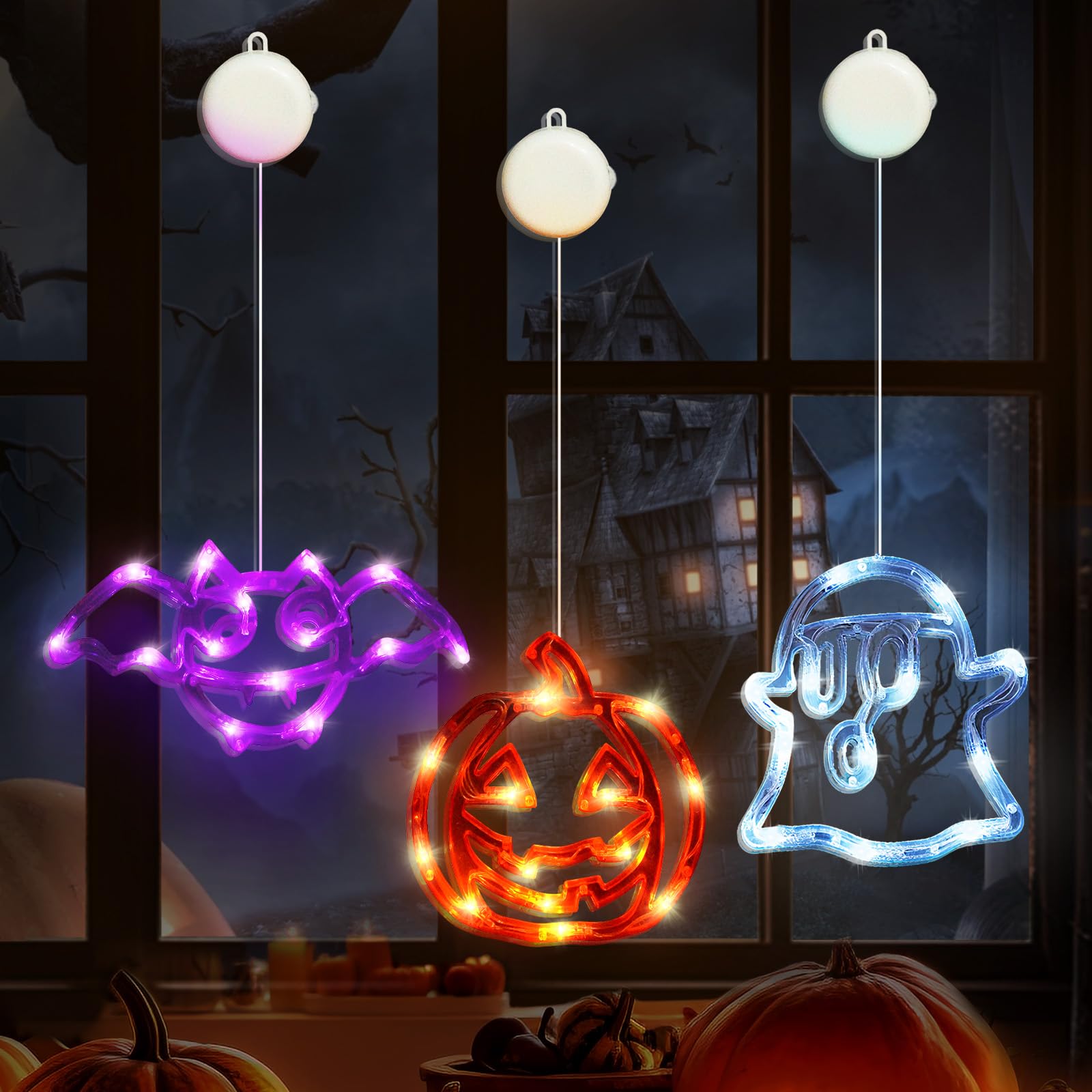 Halloween Decorations Window Lights with Timer, 3-Pack Pumpkin Bat Ghost