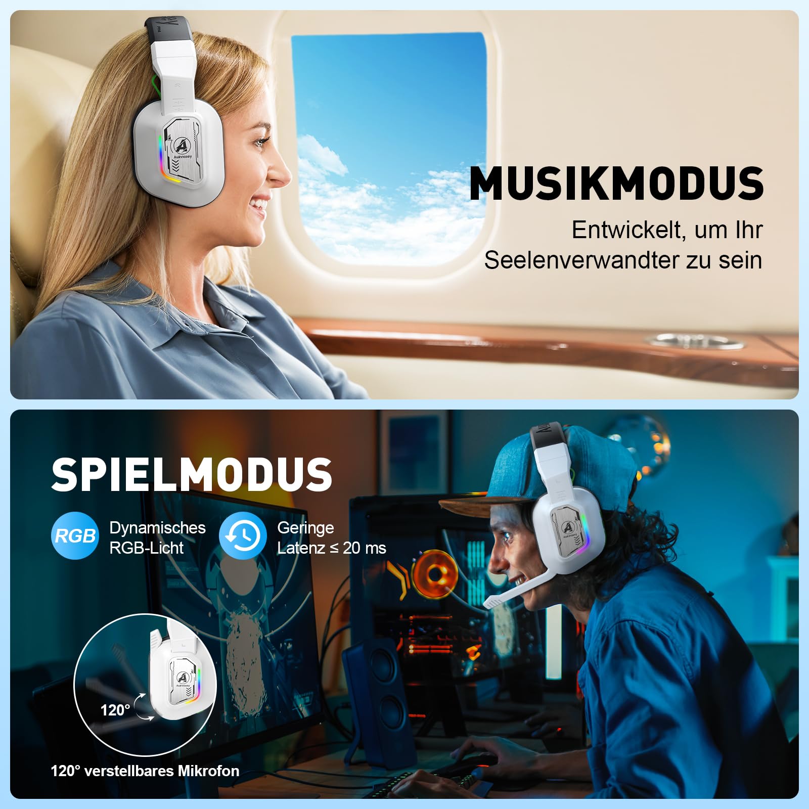 PH4 Gaming Headset Wireless 100H Akku & Spielen beim Laden, 2.4GHz+BT(≤20ms), Surround Sound Headphone Mit Mikrofon für FIFA/Streaming/CS:GO, Kompatibel für PS5/PS4, Weiß Schwarz