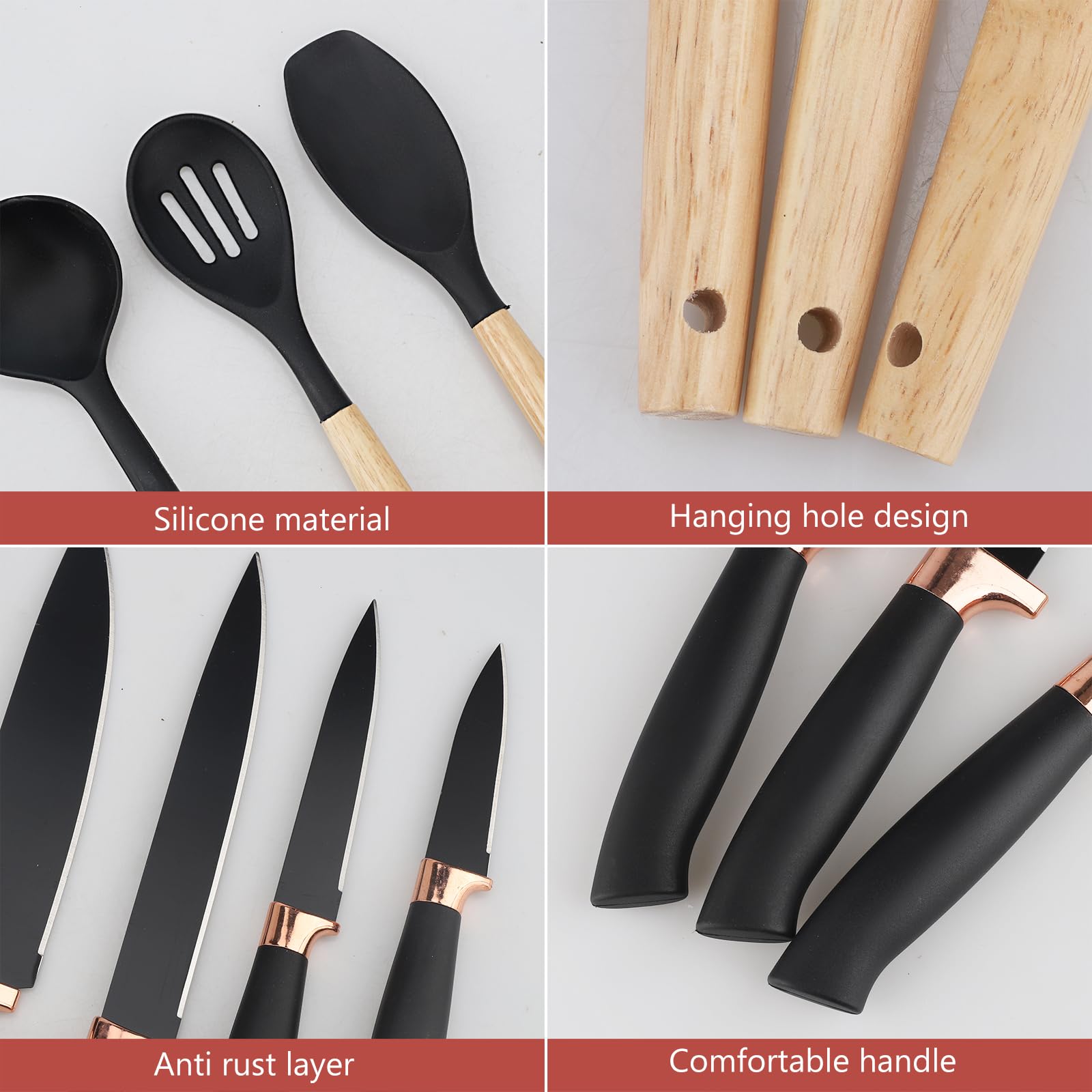 Set Coltelli da cucina, pacchetto di utensili da Cucina da 19 pezzi, comprende 5 coltelli e 13 utensili da Cucina in silicone, oltre a 1 scatola di stoccaggio (nero)