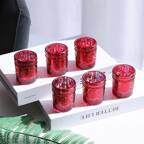 Miniatura 5 de VOHO Juego de 12 portavelas de cristal de mercurio rojo, portavelas votivas bohemias de girasol rojo para centro de mesa, portavelas festivo para