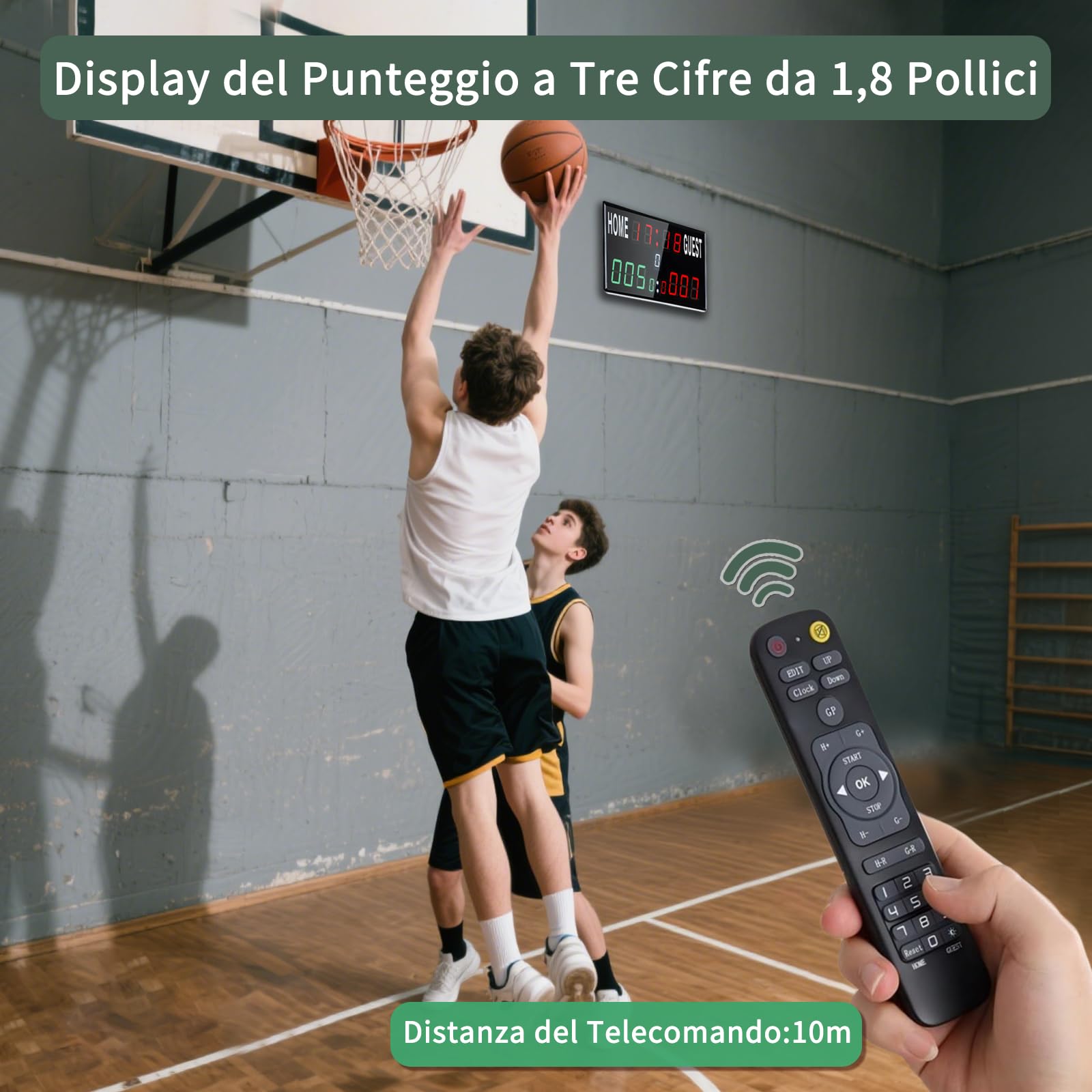 Tabellone Segnapunti Elettronico Portatile, 13 Cifre per Basket con Orologio, Gioco Tennis con Conto alla Rovescia/Crescente, LED Scoreboard per Pallavolo, Cornhole, Badminton