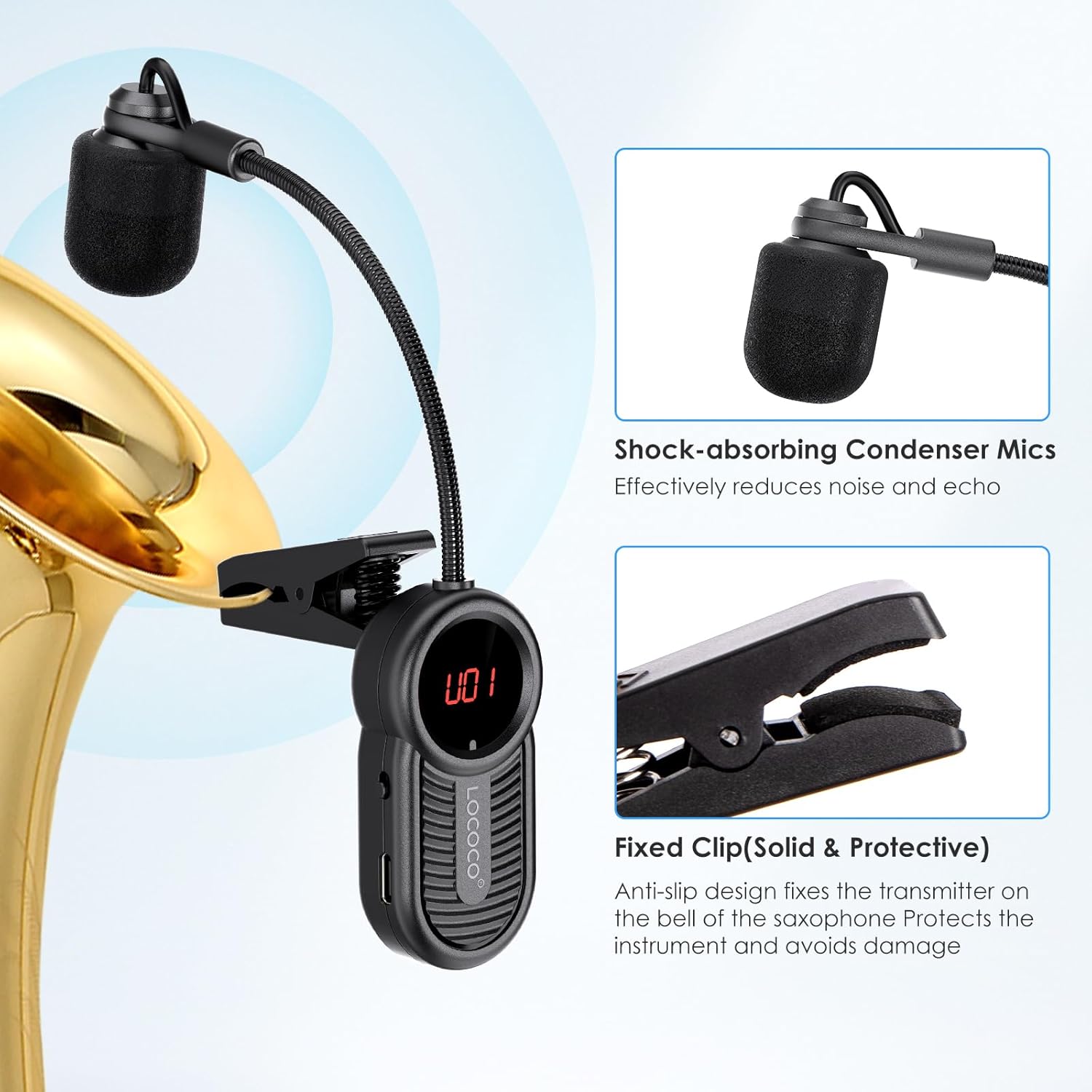 Wireless Saxophone Microphone System for Instruments: UHF Rechargeable Instruments Microphone Receiver and Transmitter - 160ft Range. Plug and Play - Clip-on Mics Suitable for Sax Trumpet, Trombone