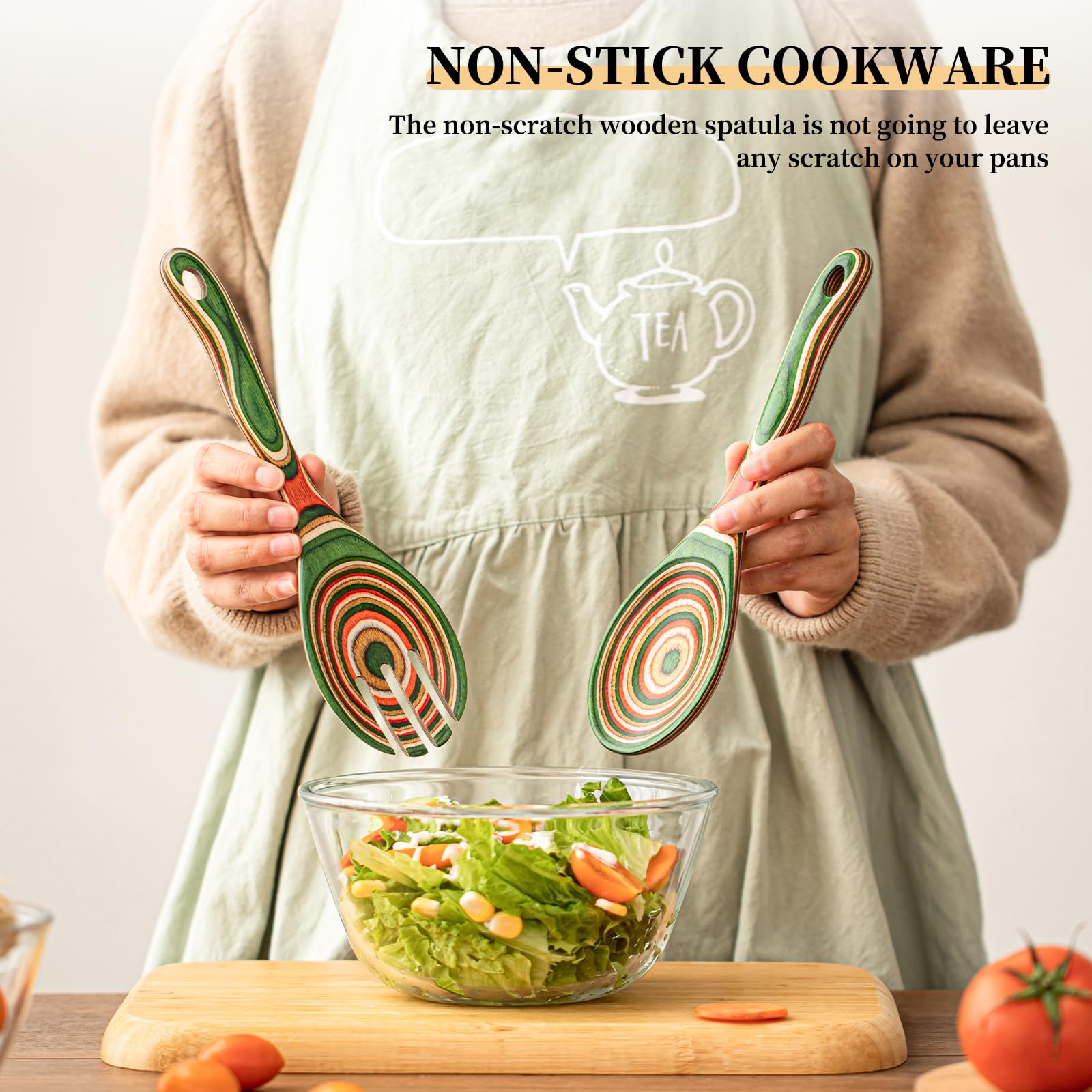 Gudamaye Pakkawood - Juego de servidor de ensalada de madera, pinzas de ensalada de 10.5 pulgadas para servir, incluyendo tenedor y cuchara de ensalada, juego de servidor de ensalada de mango largo