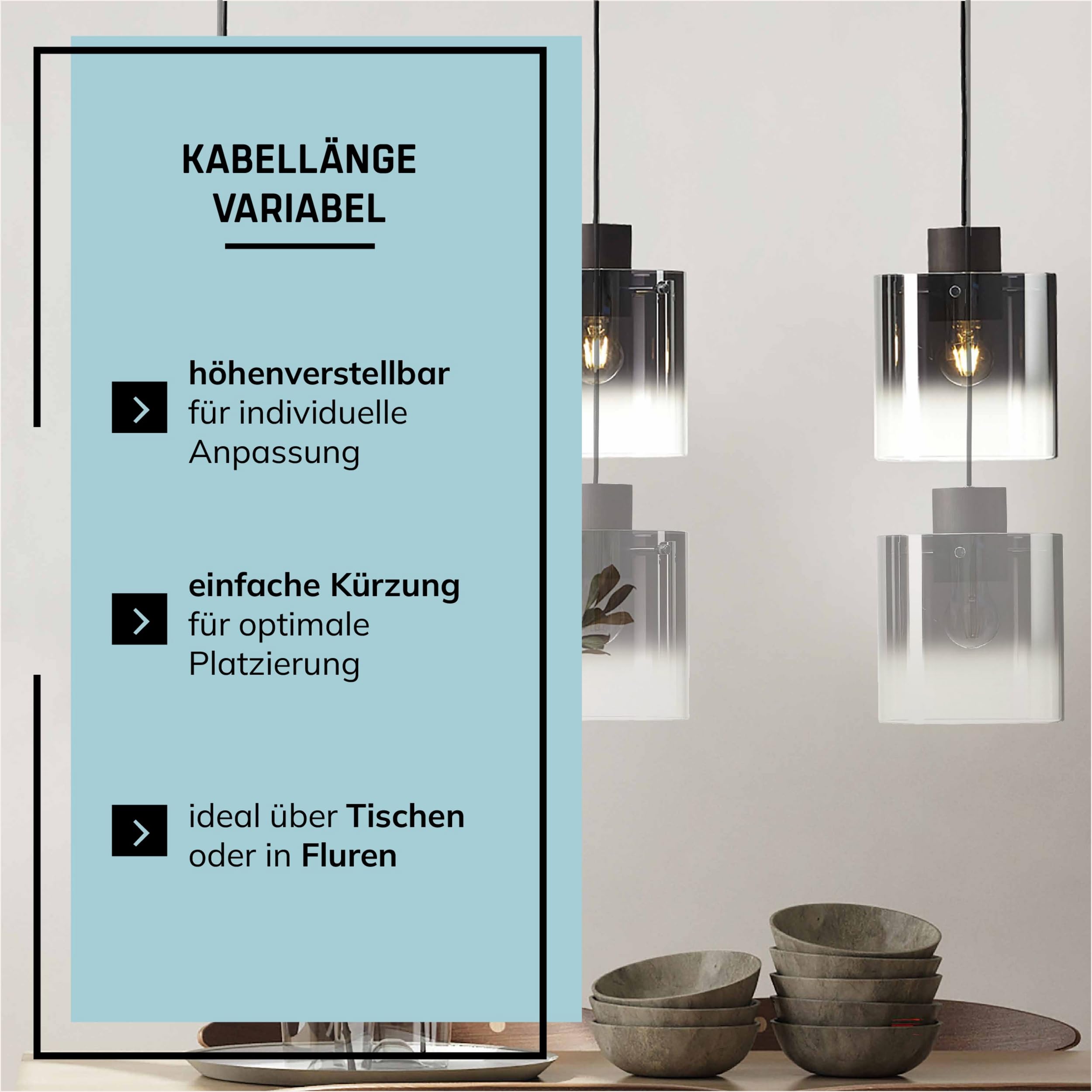 Lightbox Pendelleuchte 3-flammig - mit Rauchglas in Kaffee - Hängelampe für Esstisch, Küche & Wohnzimmer - exkl. E27 LED
