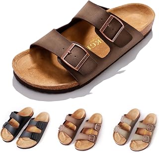 Mens Cork Sandals,Adjustable Buckle Leather Non-Slip Slippers Women's Flat Slide Cork Footbed Sandals Unisex Shoes, Arch Support
