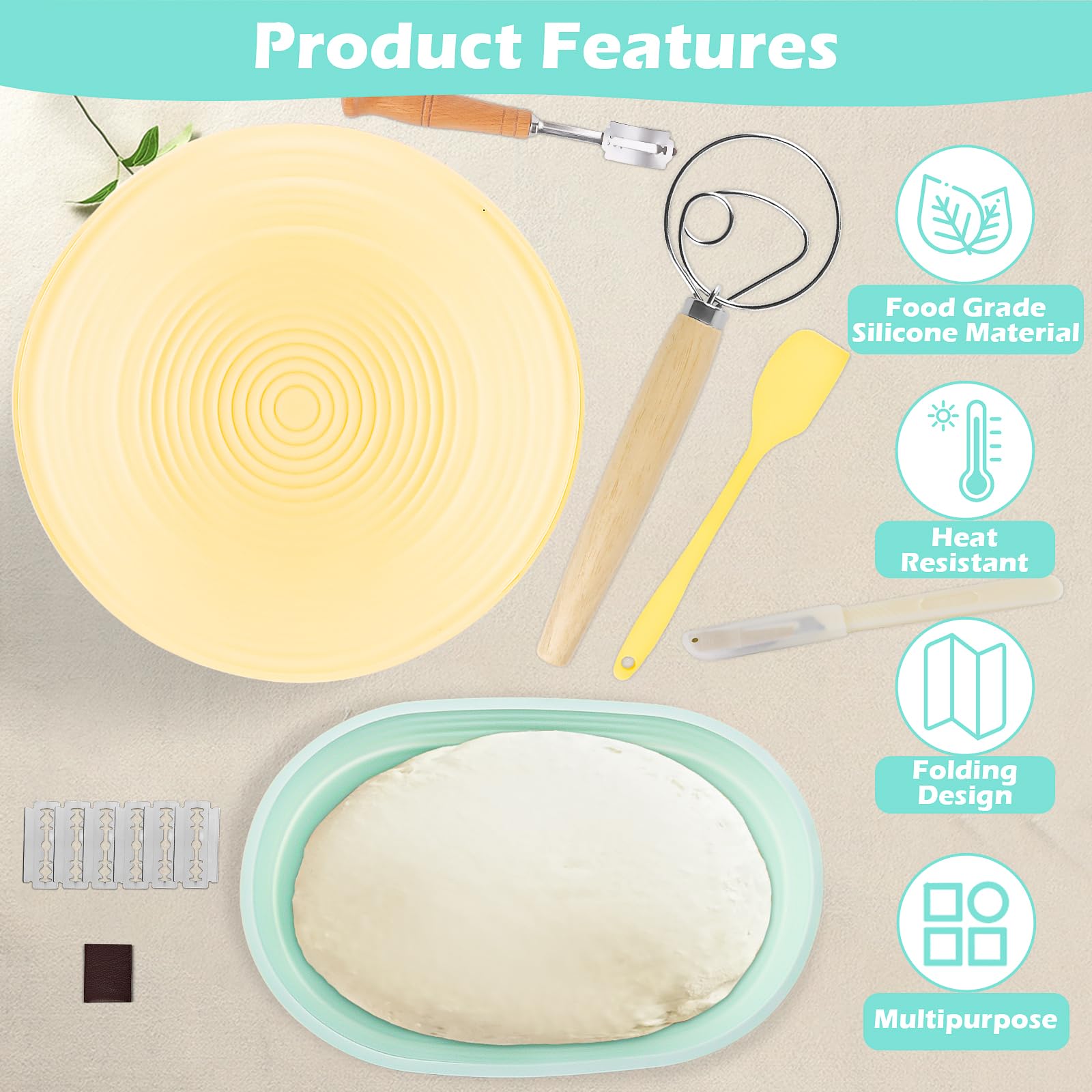 Set Cestini Per Pane In Silicone - 9 E 10 Pollici, Con Accessori Per Panificazione - Foto 2