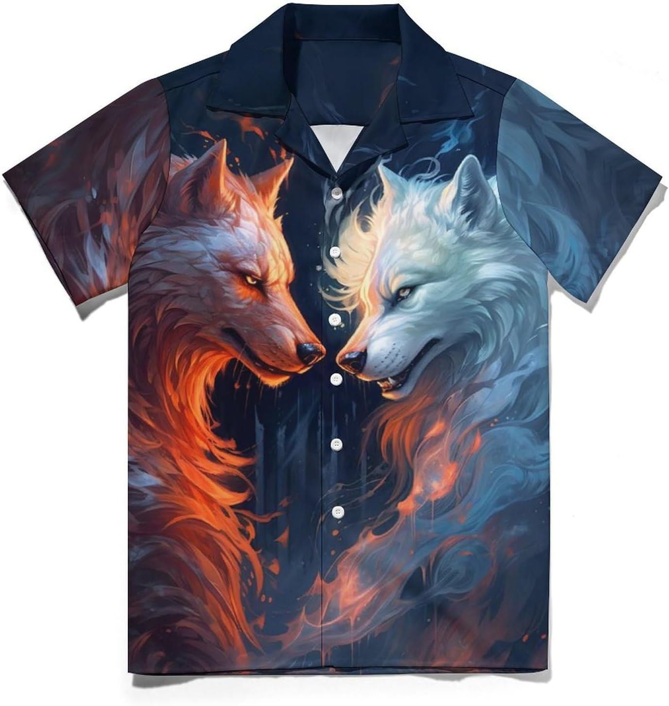 Mens Hawaiian Wolf Shirt Casual Button Down Shirts Short Sleeve Aloha Trippy Shirt - Image 3