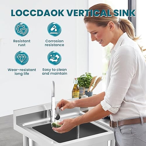 Miniatura 8 de Fregadero utilitario de acero inoxidable de pie individual para lavandería, fregadero de cocina comercial al aire libre con tubo frío caliente para