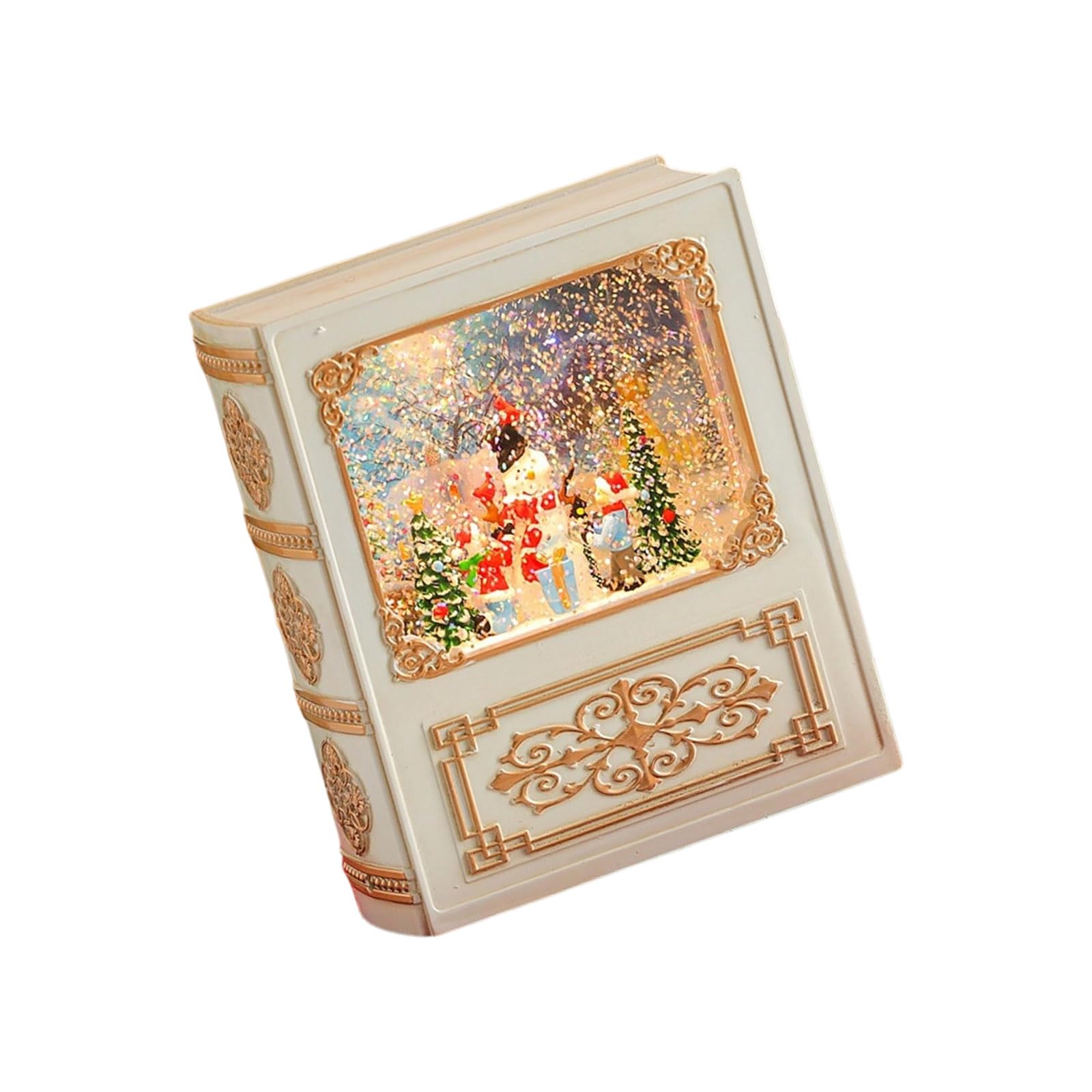 Tabletop Christmas Decor Music Box, Book Shaped Water Scene, Built in Sound, USB or Battery Holiday Display Accent Christmas Snow Globes Glitter Music Box Musical Snowglobes Book Shape Lighted Water
