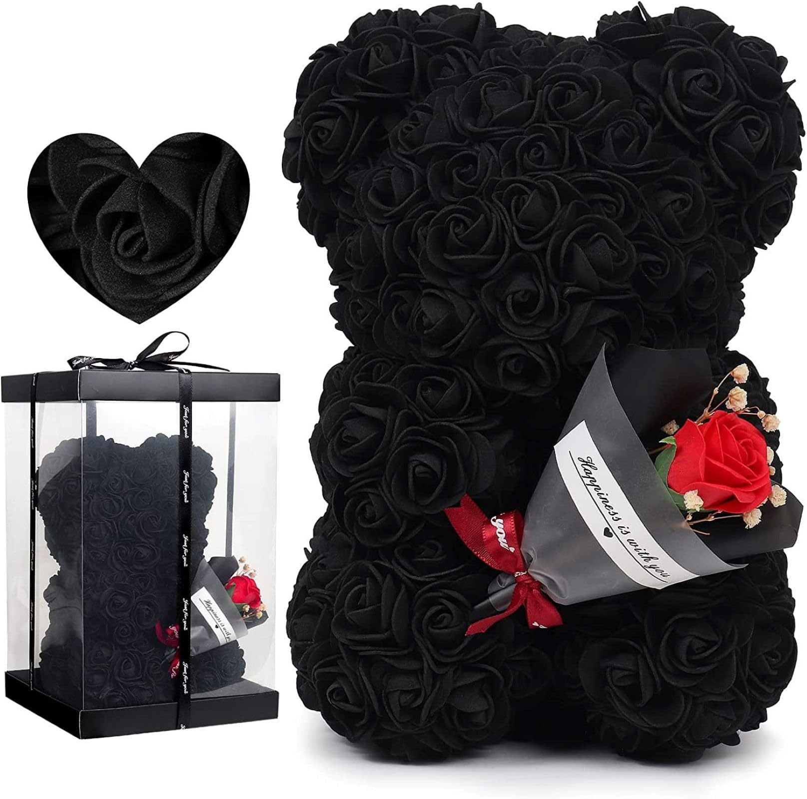 Rose Teddy Bear With Gift Box,Valentines Gifts for Boys Rose Flower Bear For Her,Artificial Rose Bear Flower Boys, Birthday Gift for Women,Girlfriends,Girls,Boyfriends,Father,Grandfather (Black)